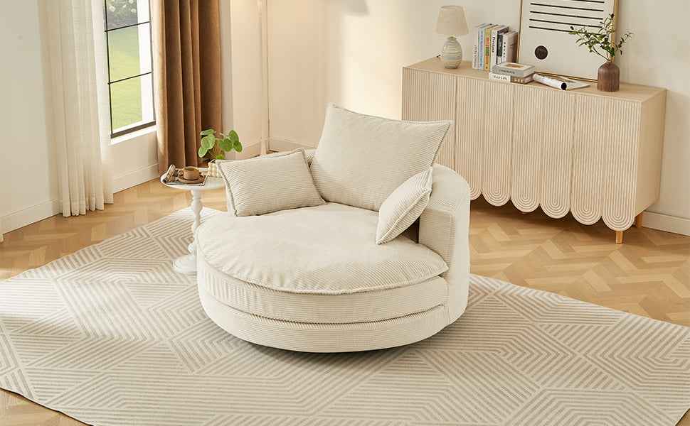 Accent Barrel Chair 360° Swivel Sofa Chair with Dual-layer Cushion and 3 Removable Pillows, Beige Corduroy, 57.5'