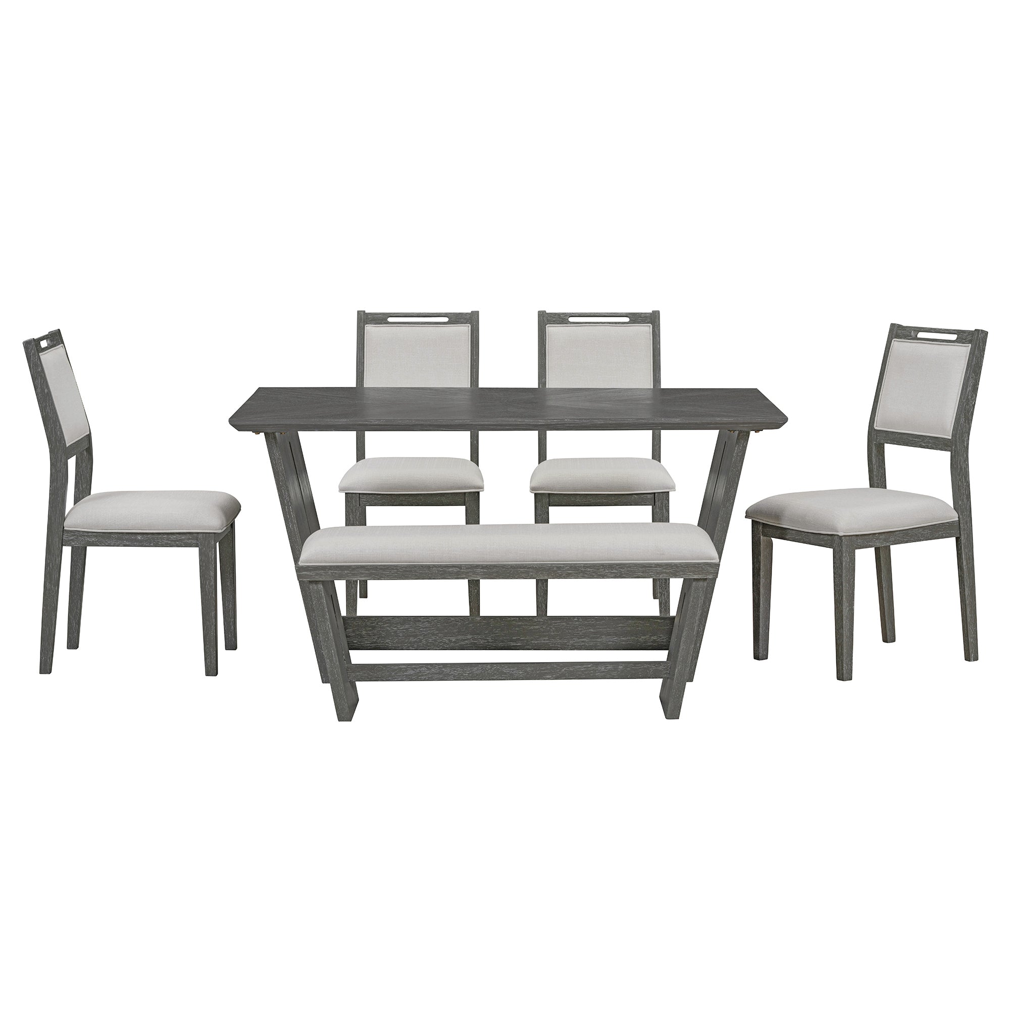 TREXM 6-Piece Retro Dining Set, 1 Rectangular Table with Stable Trapezoidal Table Base and 4 Upholstered Chairs and 1 Bench for Dining Room and Kitchen (Gray)