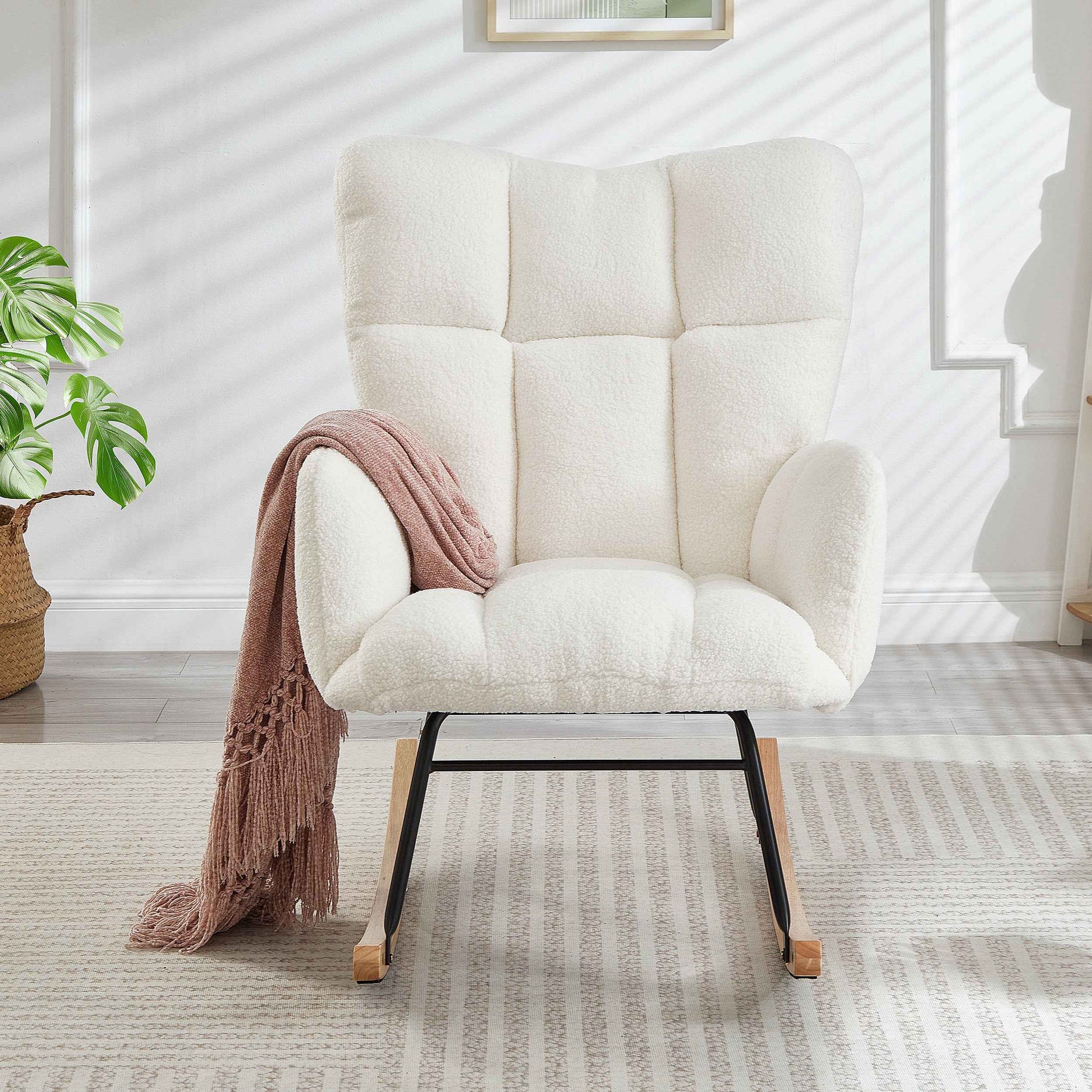 Glider Chair for Living Room Tufted Upholstered Teddy Fabric Rocking Chair with Metal Frame Accent Chair Ivory White
