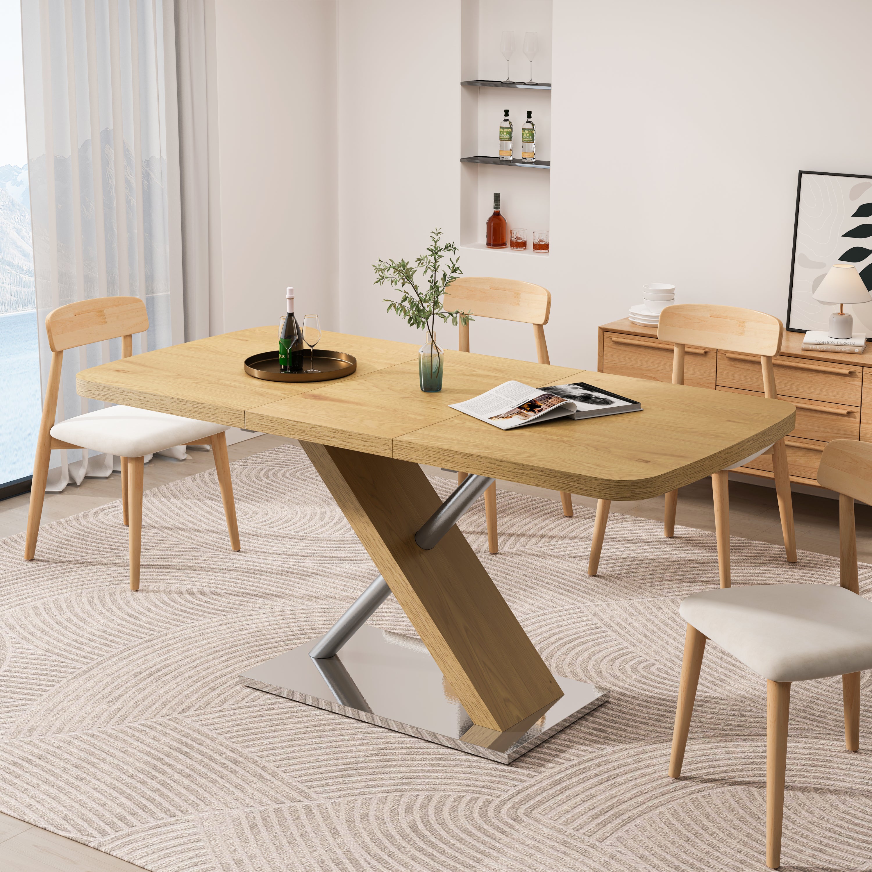47.25 '-63' Dining Table, Original Wood Color, Seating 4-6 People, Retractable Table, Cross Metal Base and Stainless Steel Tubing(Natural) - Abrihome
