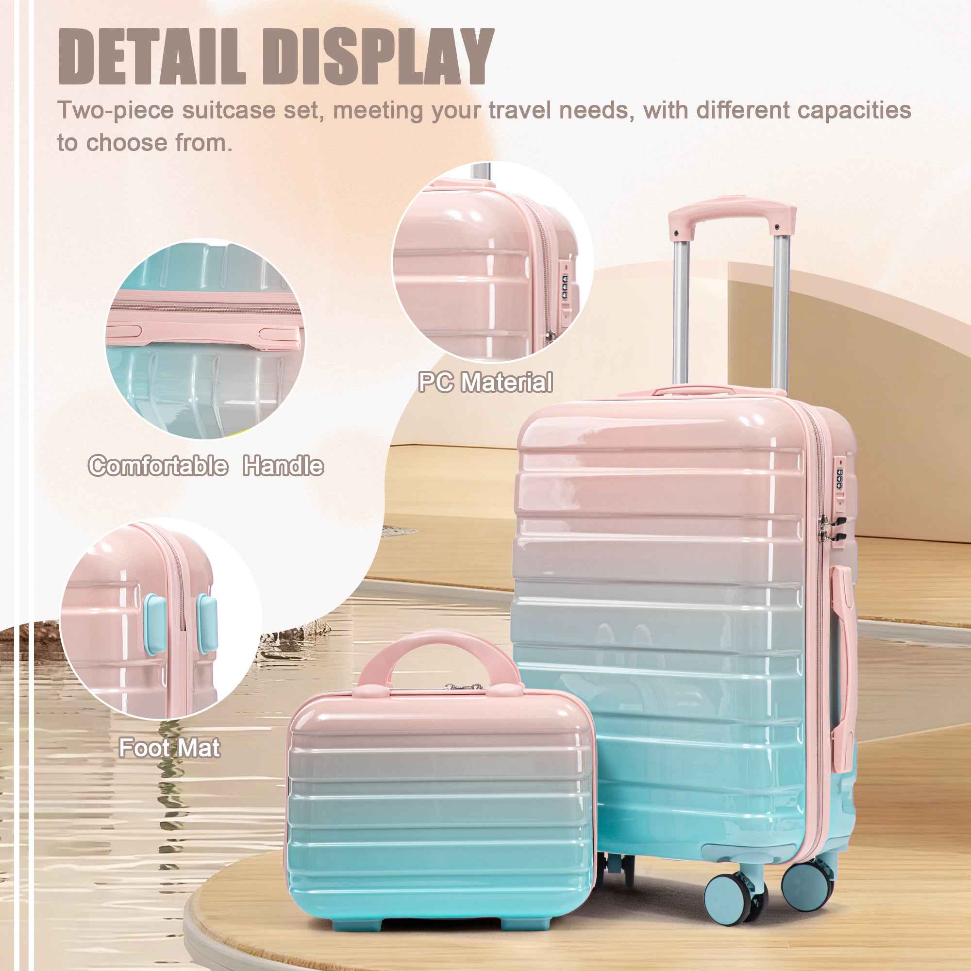 14'/20' 2 pcs/set in PC Spinner Wheel Luggage, Carry on Suitcase, With Gradient Color and Combination Lock(Blue+Pink)