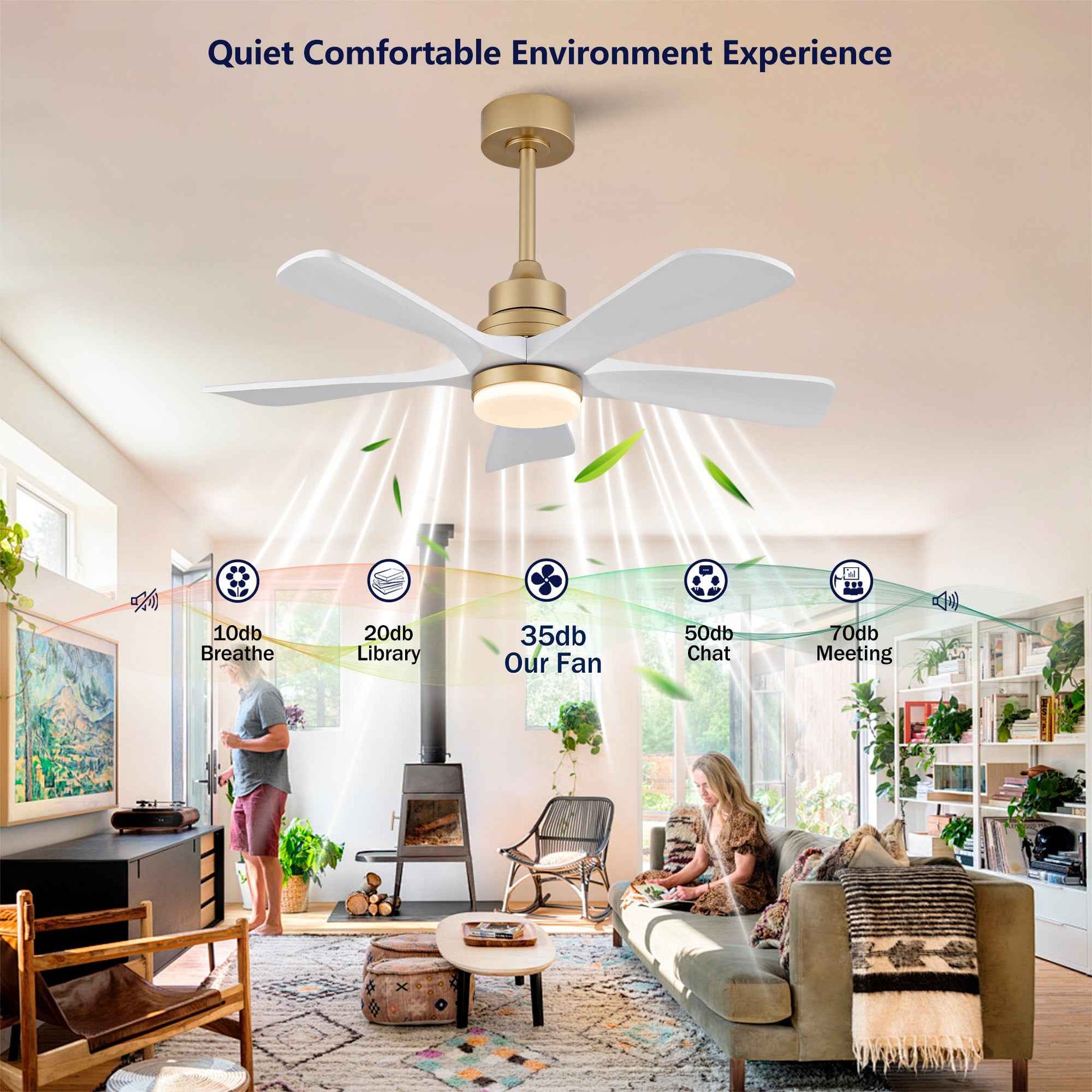 Hot sales 42 Inch Indoor Ceiling Fan With Dimmable LED Light 5 Solid Wood Blades Remote Control Reversible DC Motor