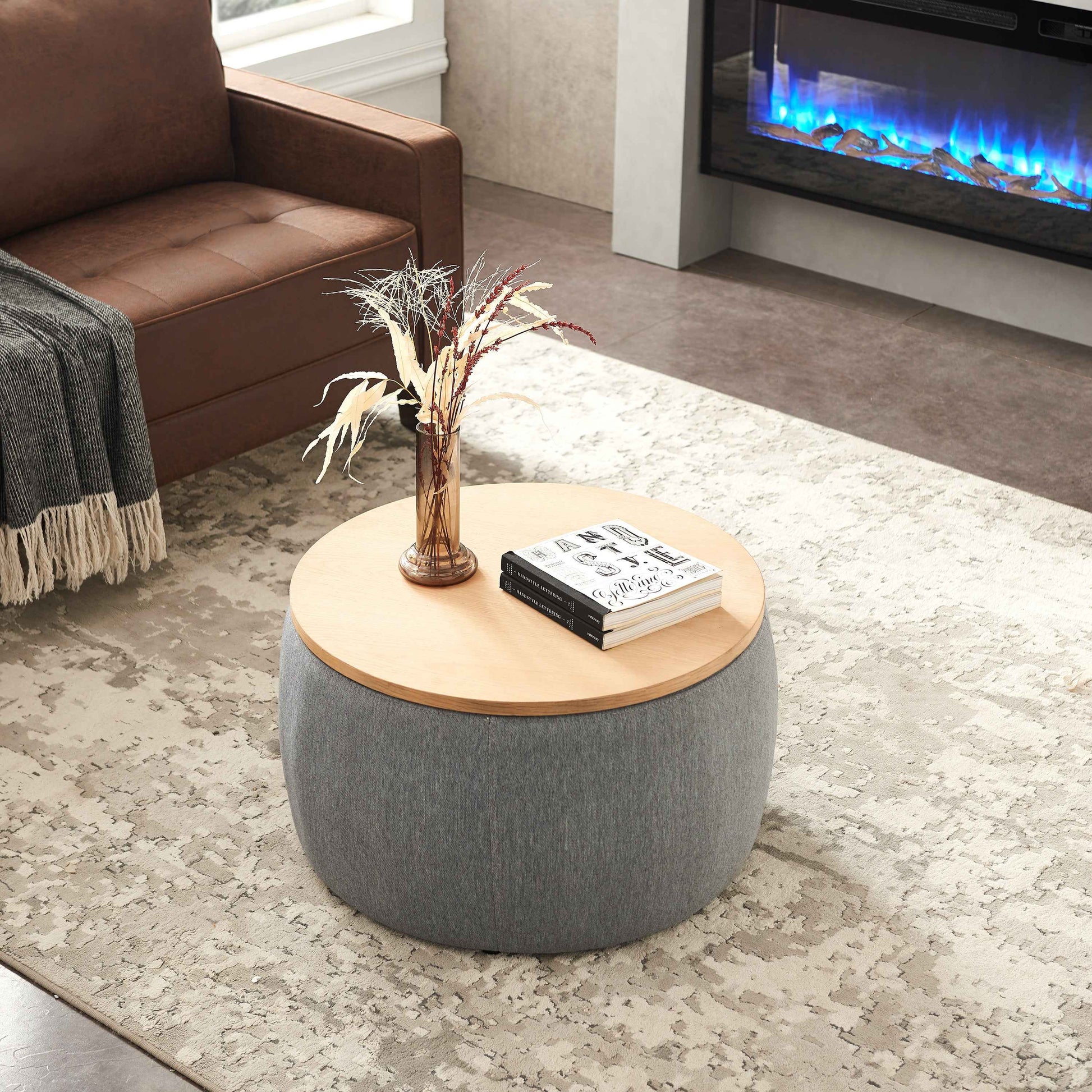 Round Storage Ottoman, 2 in 1 Function, Work as End table and Ottoman, Dark Grey (25.5'x25.5'x14.5')