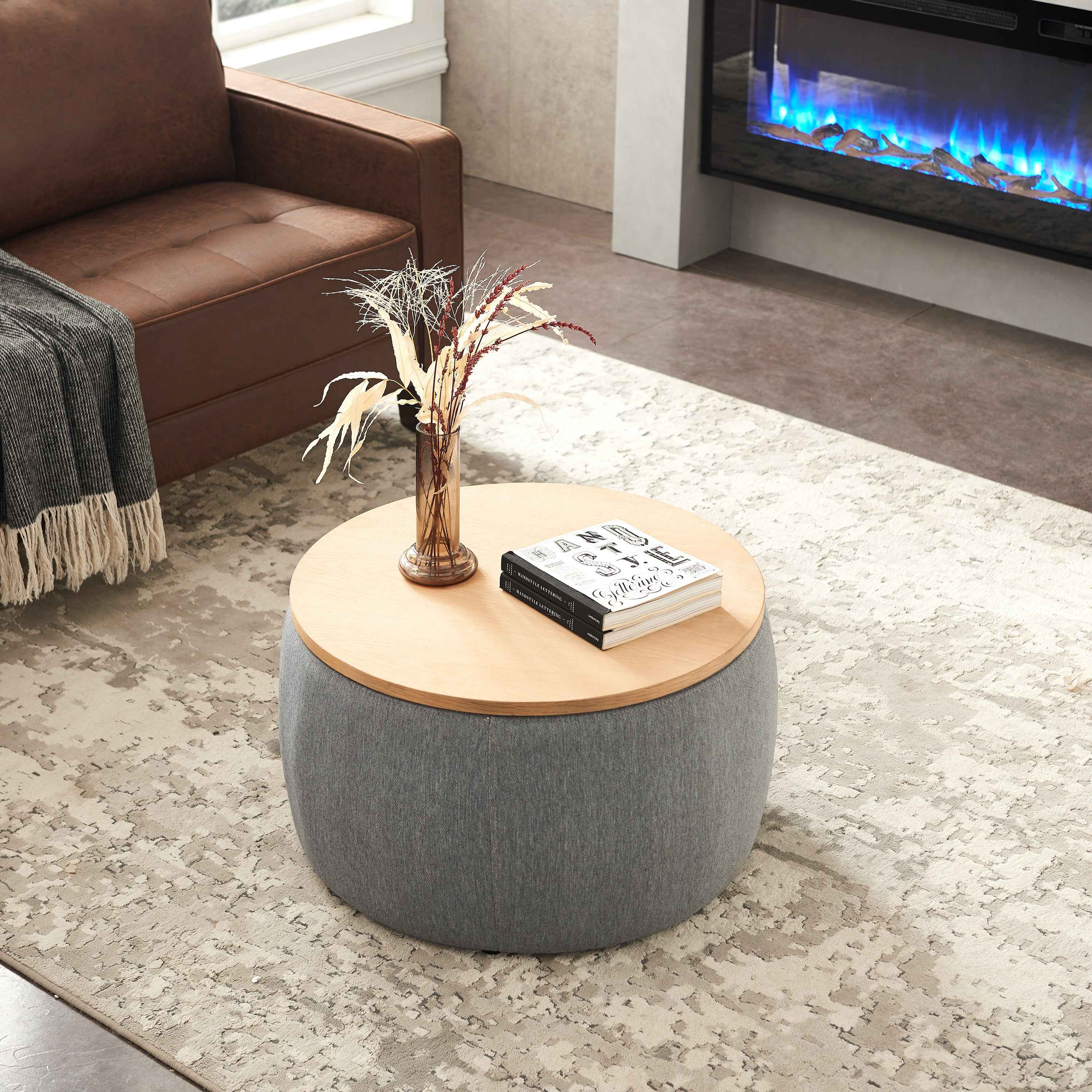 Round Storage Ottoman, 2 in 1 Function, Work as End table and Ottoman, Dark Grey (25.5'x25.5'x14.5')