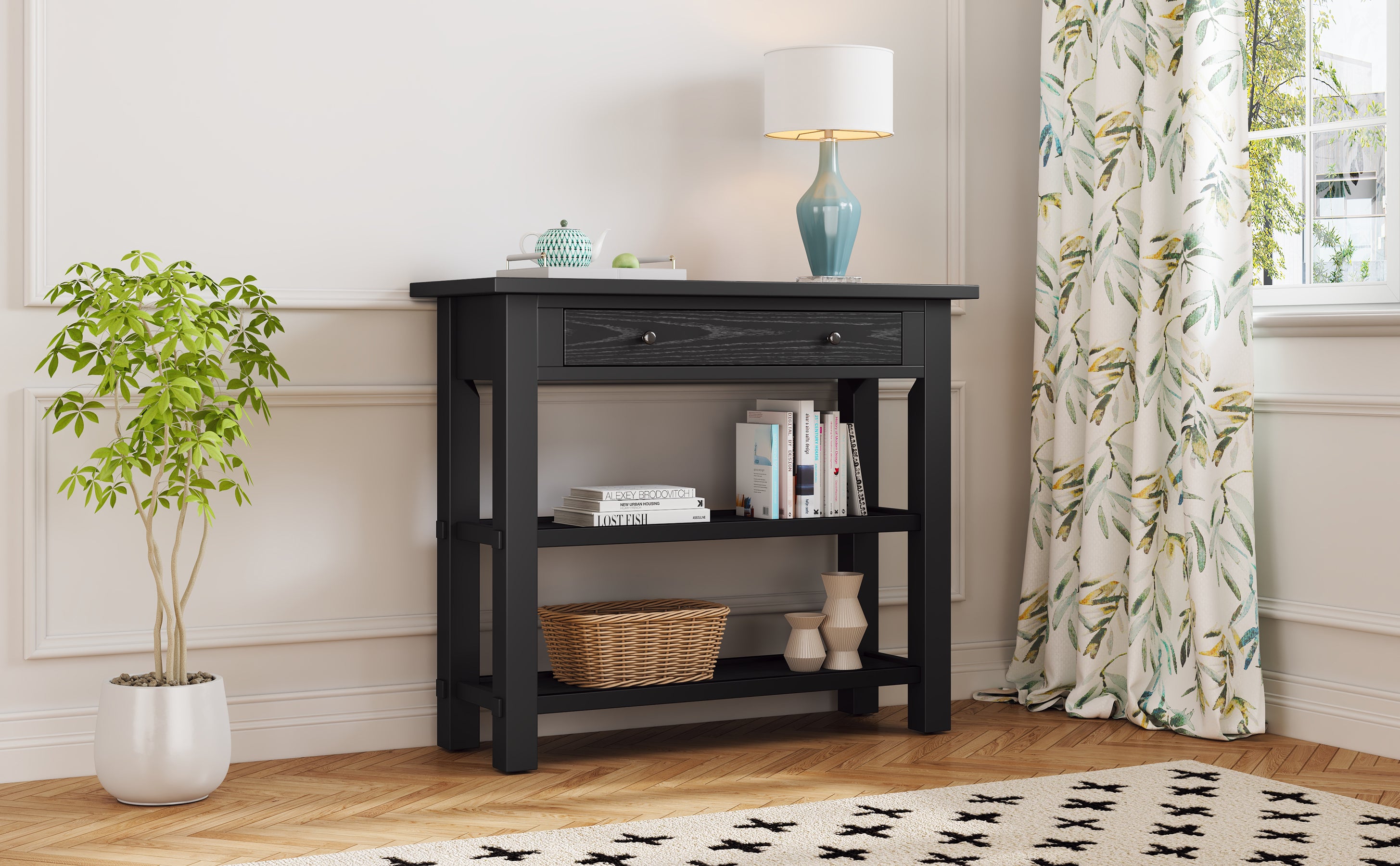 TREXM Retro Console Table with Drawer and Two Sturdy Shelves for Entryway, Living Room (Black)