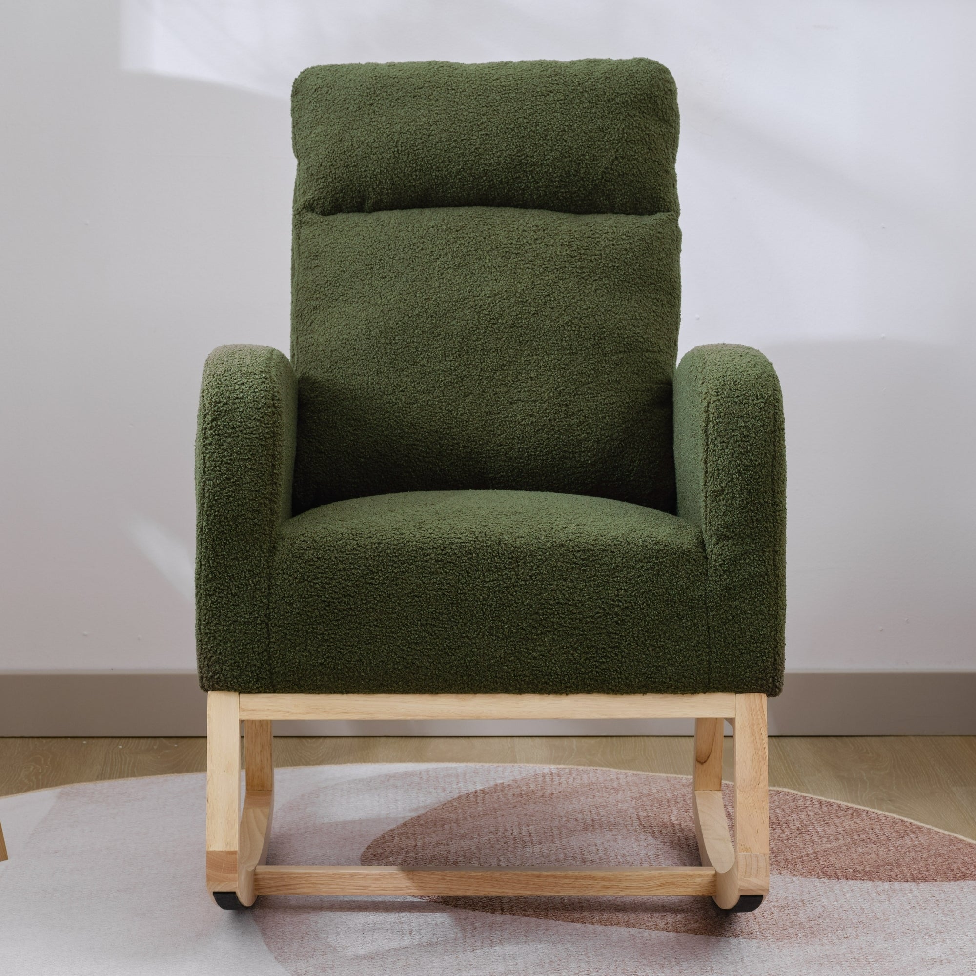 Modern Accent Rocking Chair Rocking Chair with Solid Wood Legs, Upholstered Nursery Glider Rocker, Comfy Armchair with Side Pocket, Living Room Lounge Arm Chair with High Backrest (Dark green,teddy)