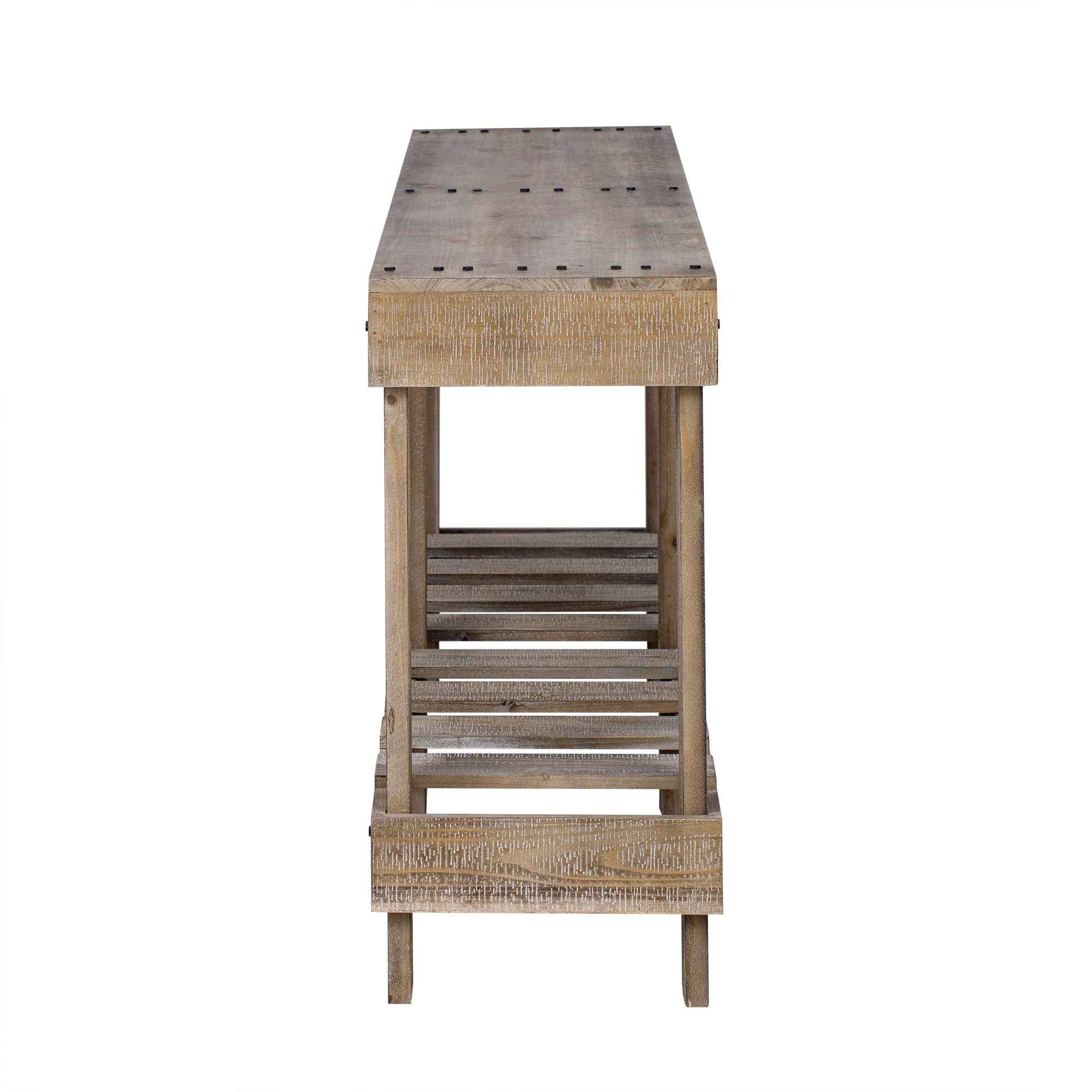 U_Style 62.9' Vintage Entryway Table - Fir Solid Wood with Natural Grain, 6 Reinforced Legs & 4.5' Thick Desktop, Metal Rivet Decor & Plank Under-Shelf, Console Table for Hallway, Living Room