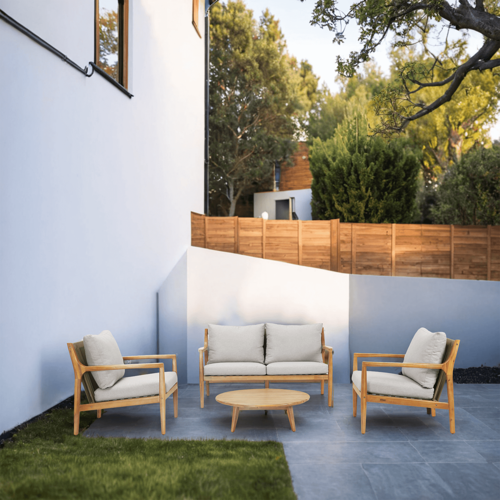 4-Piece Rustic Acacia Wood Patio Set – Loveseat, Chairs & Coffee Table(PAS-2513-2SC+SC*2+TA) - Abrihome