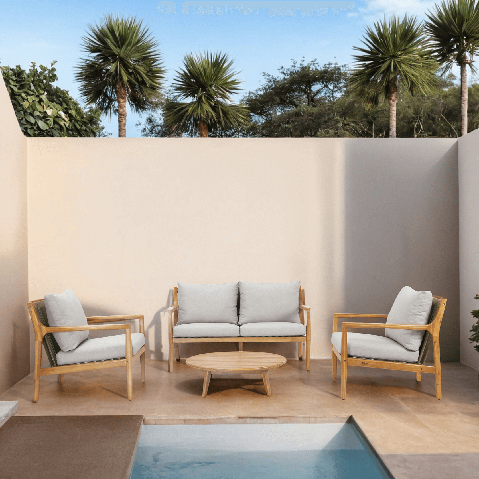 4-Piece Rustic Acacia Wood Patio Set – Loveseat, Chairs & Coffee Table(PAS-2513-2SC+SC*2+TA) - Abrihome