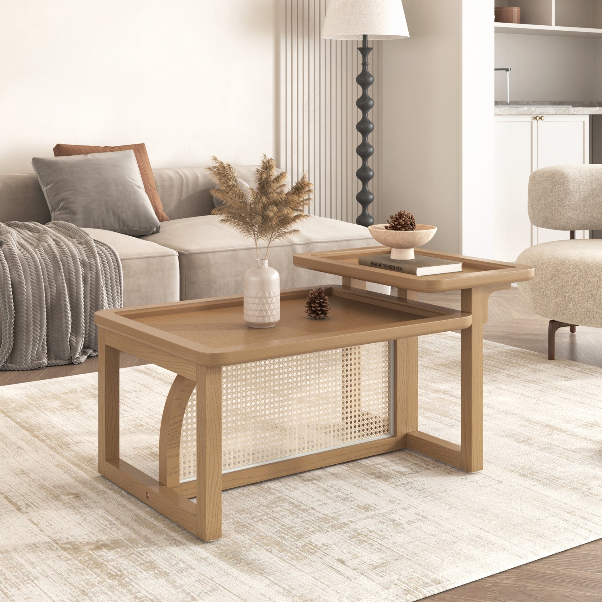 Modern 2 Piece Nesting Rattan Wood+ MDF Coffee Table Set in Natural - Abrihome
