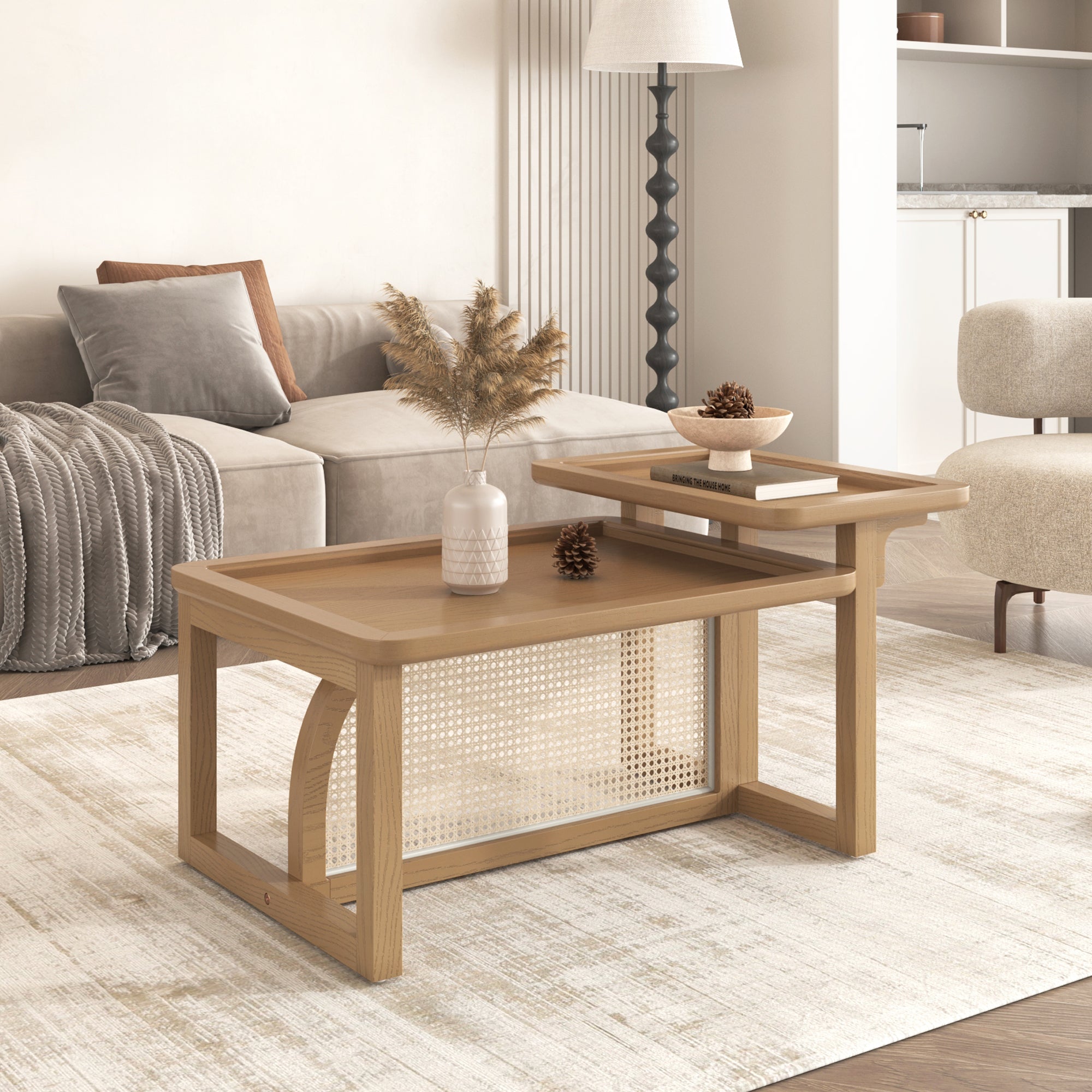 Modern 2 Piece Nesting Rattan Wood+ MDF Coffee Table Set in Natural - Abrihome