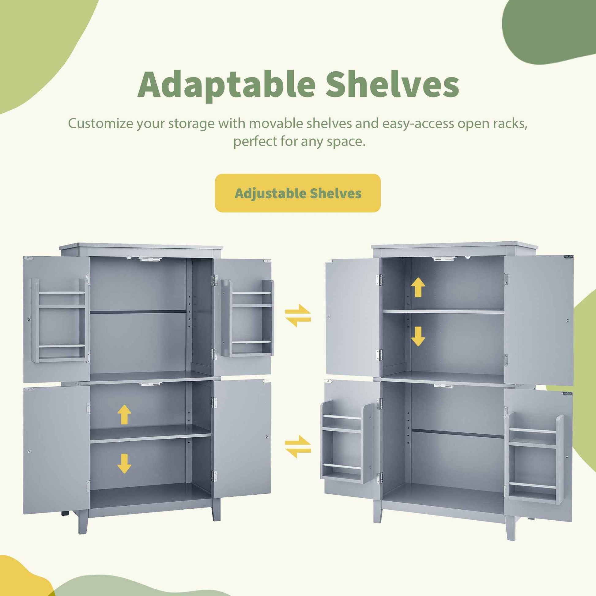 Elegant Bathroom Floor Storage Cabinet, Bathroom Storage Unit, Freestanding Cabinet with 4 Doors, Adjustable Shelves, Adaptable Shelves, Grey