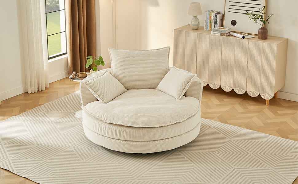 Accent Barrel Chair 360° Swivel Sofa Chair with Dual-layer Cushion and 3 Removable Pillows, Beige Corduroy, 57.5'