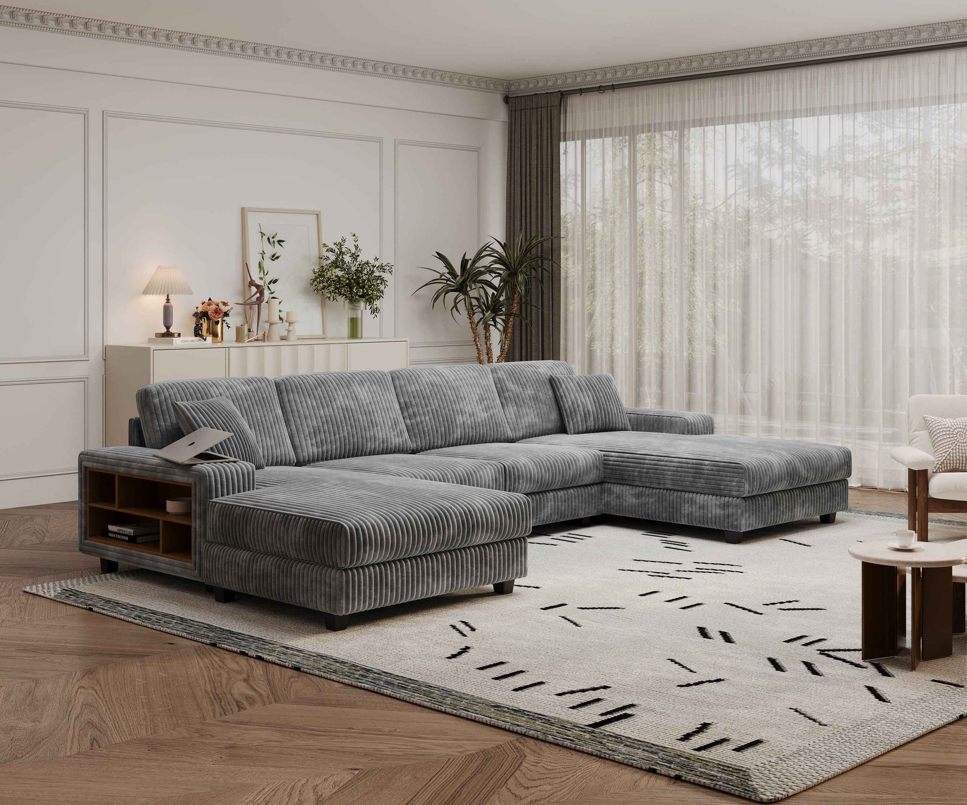 Convertible U-shaped Combination Sofa, Corduroy Fabric, Modern Comfortable Large Size 4 Seat Sofa, Living Room Double Lounge Chair , Dark Grey