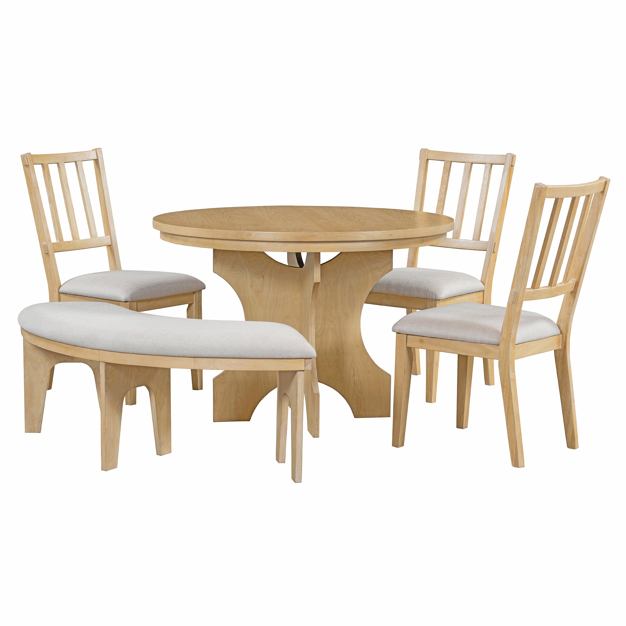 TREXM 5-piece Rustic Charm Round Dining Set with 3 Upholstered Chairs and Curved Bench for Dining Room, Kitchen and Living room (Natural)