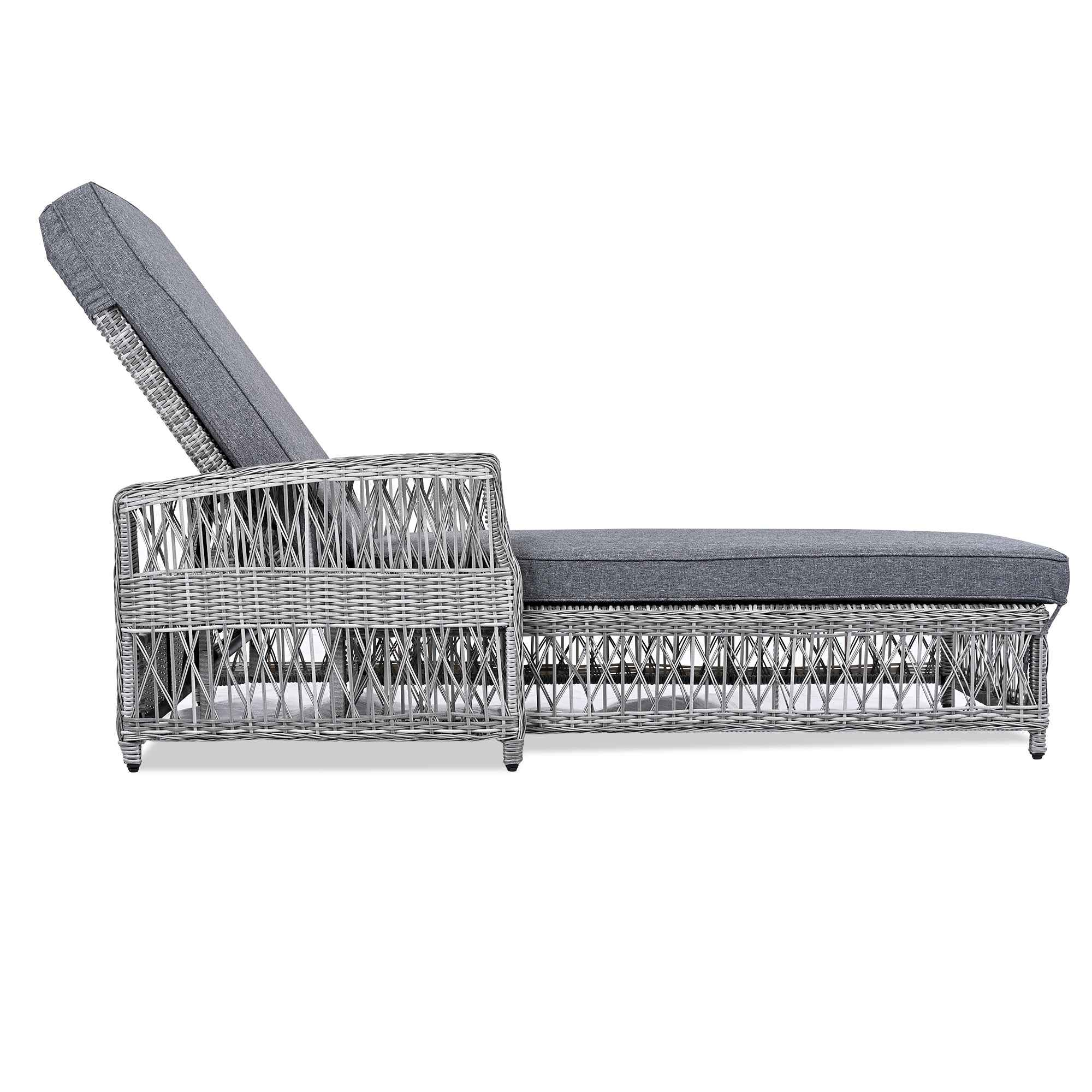 GO Outdoor Long Reclining Chaise, Wicker Lounge with Armrests, Patio Adjustable Recliner with Soft Removable Cushions, All Weather Rattan Pool Lounge for Poolside & Garden, Gray