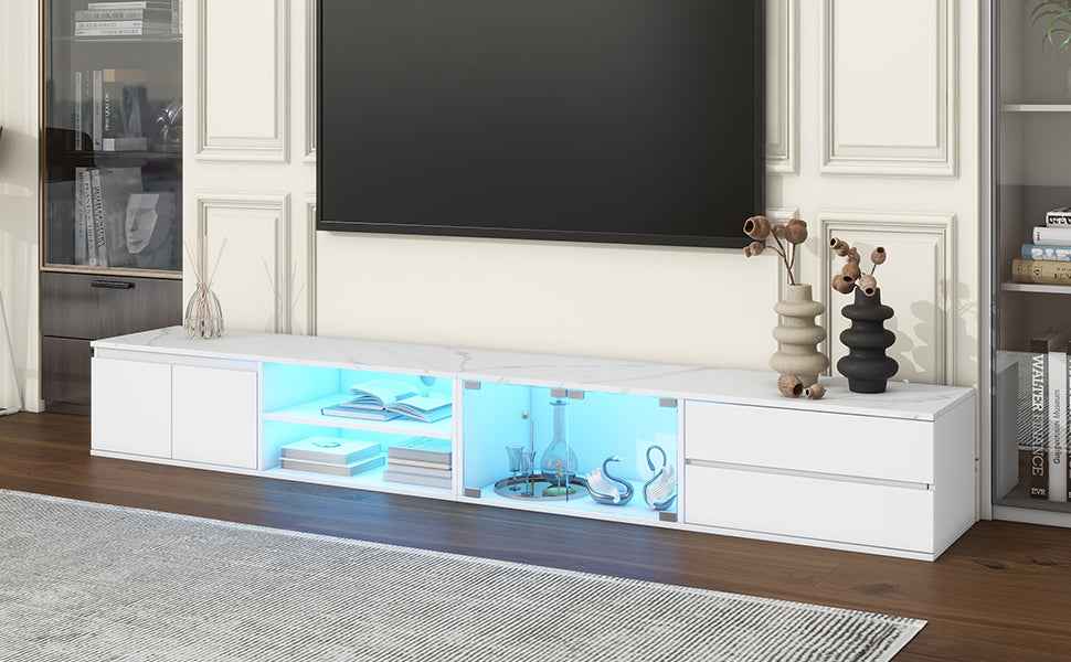 ON-TREND Modern APP Controlled LED TV Stand for TVs Up to 105'', Faux Marble Tabletop Media Console with Tempered Glass Doors, Entertainment Center with 2 Drawers & Cabinets for Living Room, White
