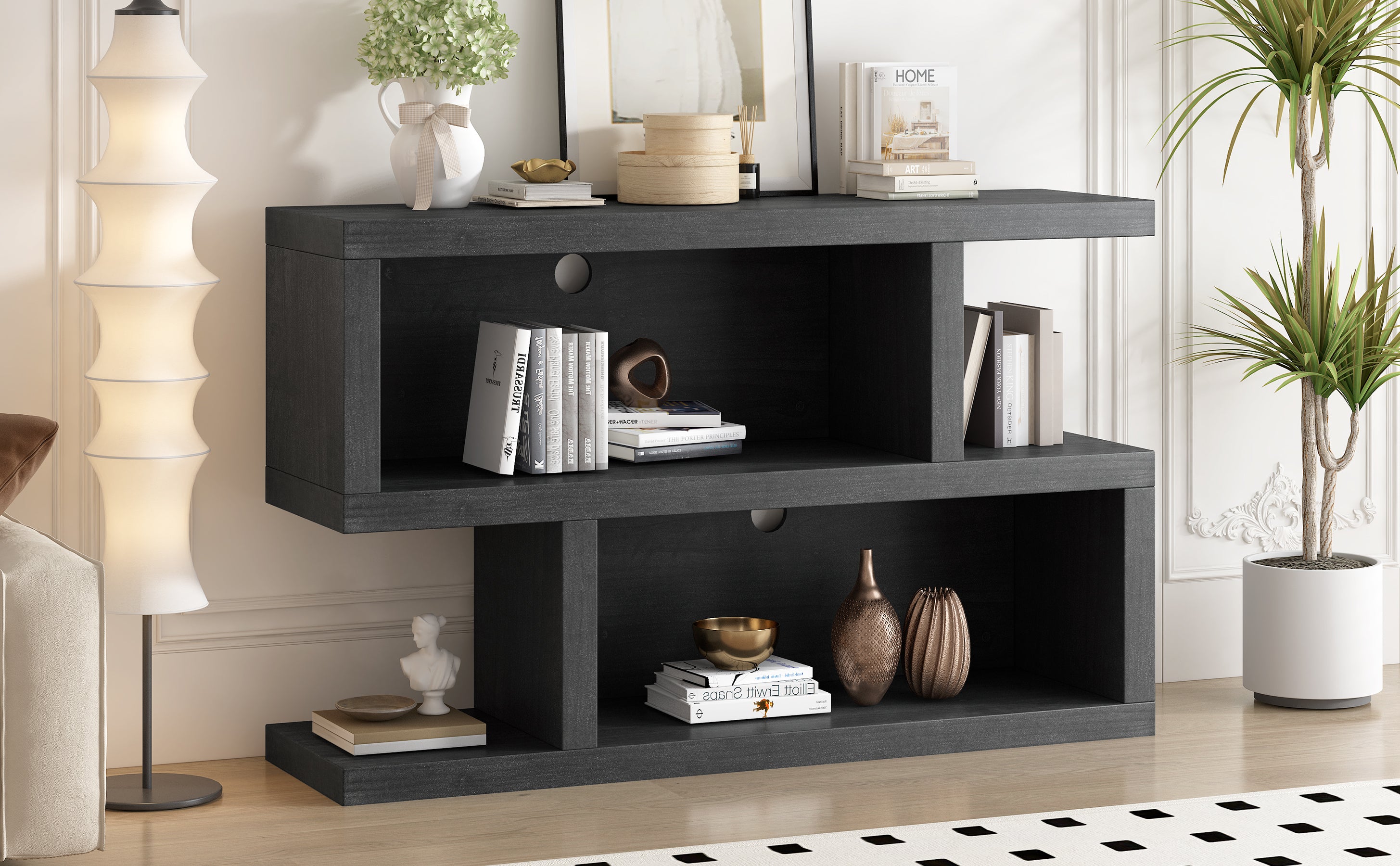 TREXM Retro Console Table with Symmetrical 2-Tier Open Shelf for Entryway and Living Room (Black)