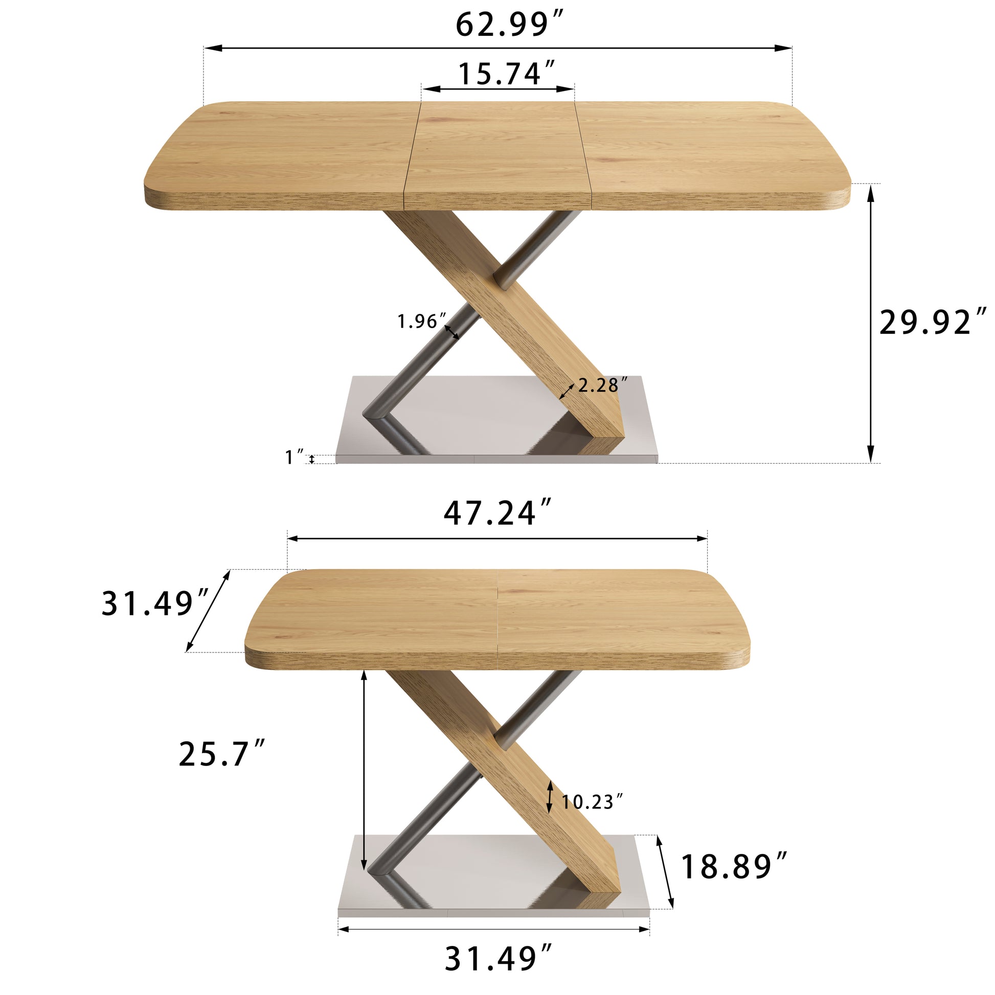 47.25 '-63' Dining Table, Original Wood Color, Seating 4-6 People, Retractable Table, Cross Metal Base and Stainless Steel Tubing(Natural) - Abrihome