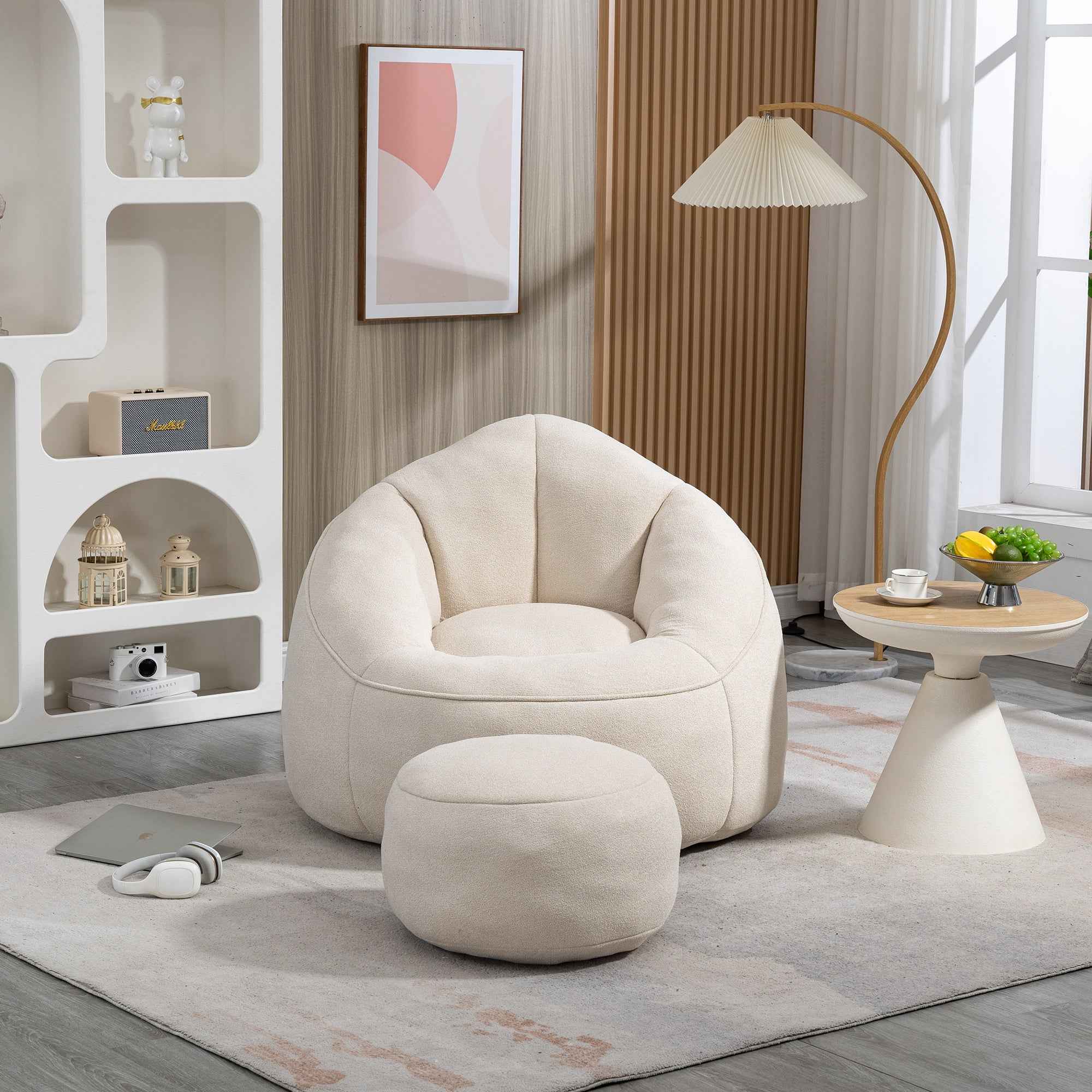 Bedding Bean Bag Sofa Chair with High-Pressure Foam and Footrest, Beige Microfiber