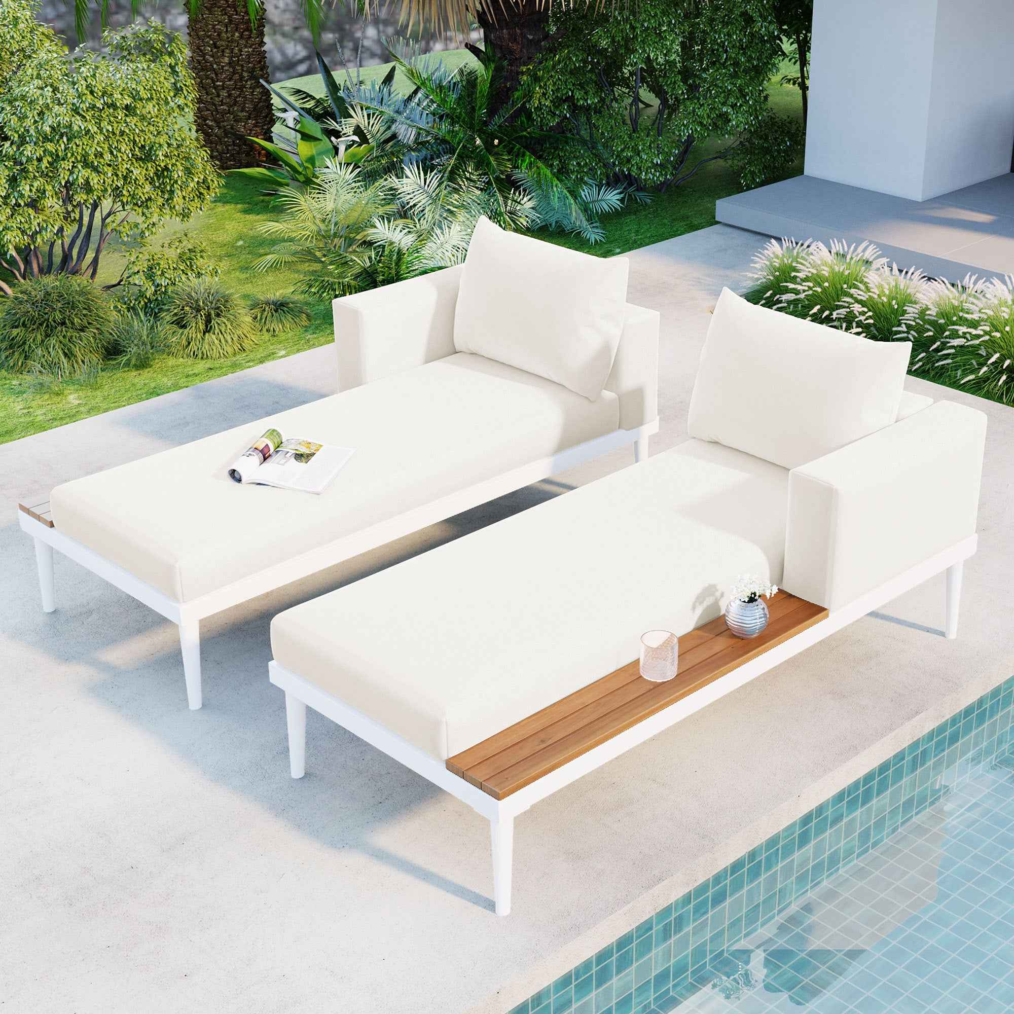 TOPMAX Modern Outdoor Daybed Patio Metal Daybed with Wood Topped Side Spaces for Drinks, 2 in 1 Padded Chaise Lounges for Poolside, Balcony, Deck, Beige