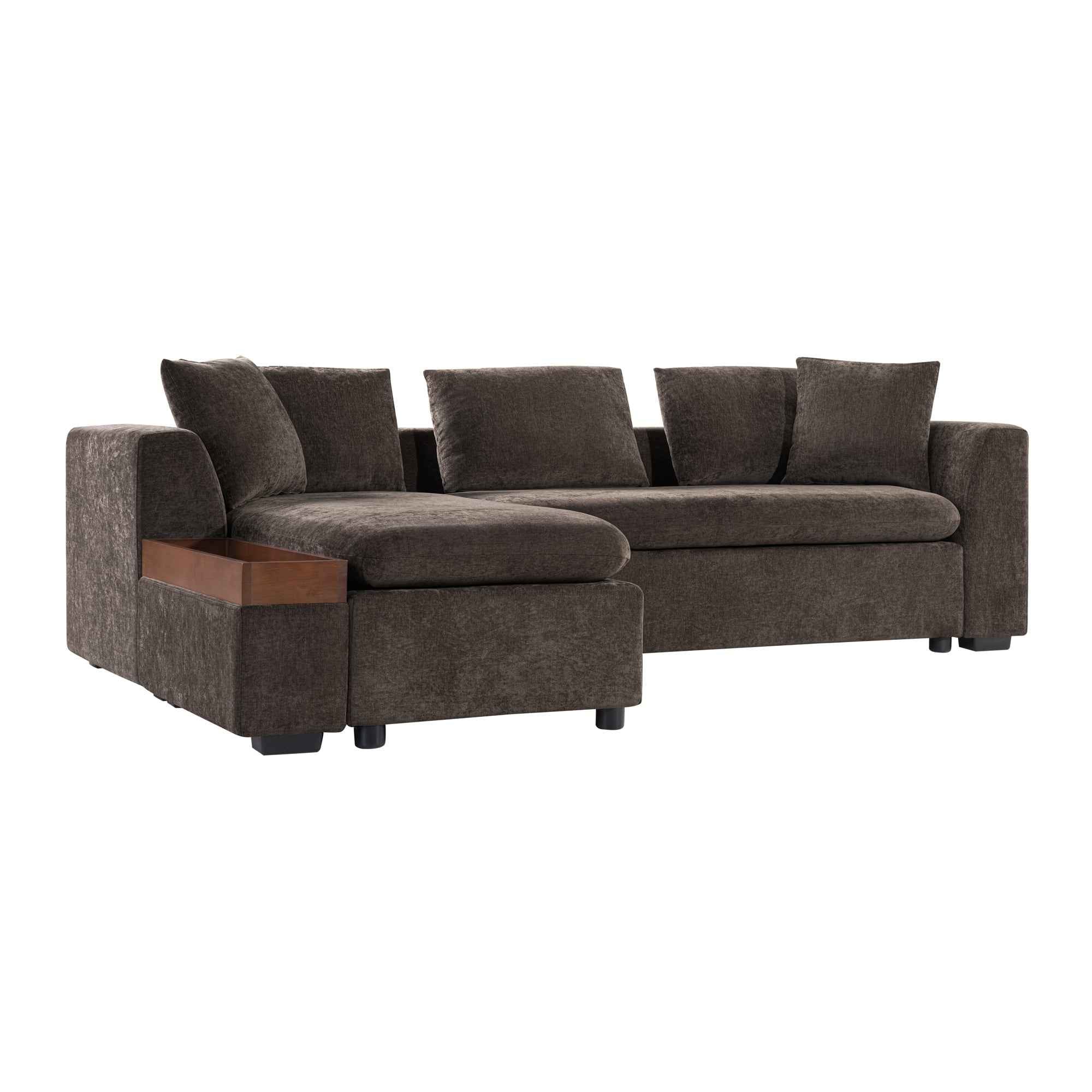 Elegant L-Shaped Sectional Sofa with Chenille Upholstery and Wooden Storage Compartment, Brown