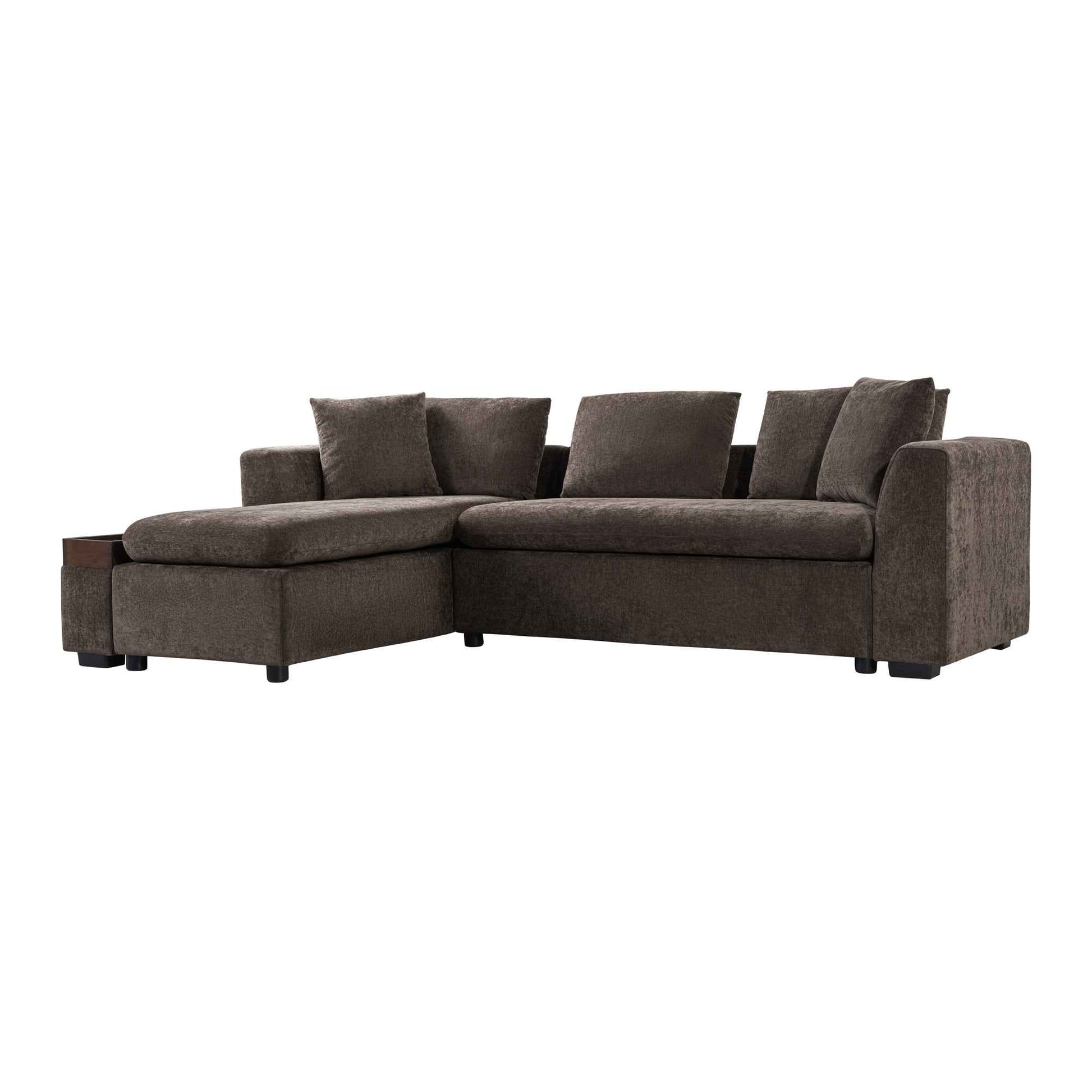 Elegant L-Shaped Sectional Sofa with Chenille Upholstery and Wooden Storage Compartment, Brown