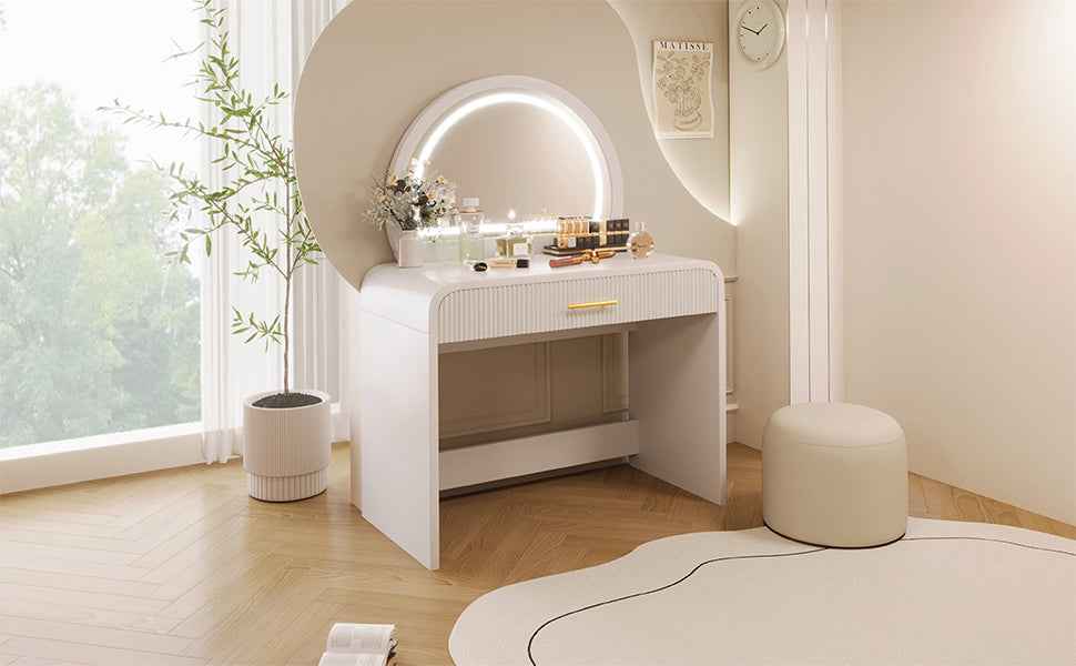 39' Makeup Vanity Table with Mirror Touch Screen Lighted Mirror, Dressing Table with Drawer for Bedroom, White
