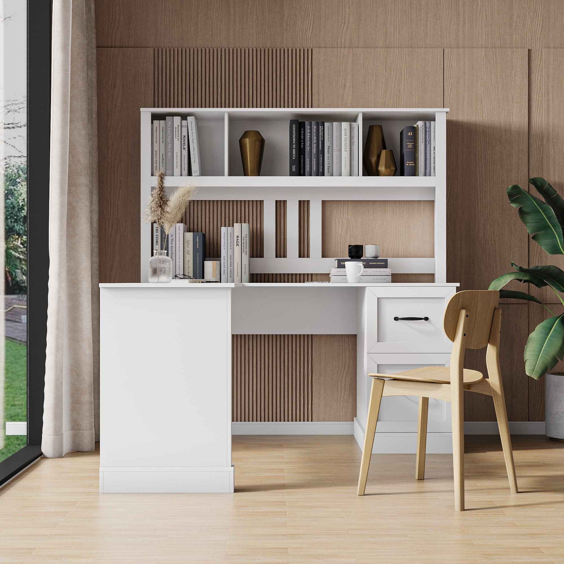 Home Office Computer Desk with Hutch, Antiqued White finish