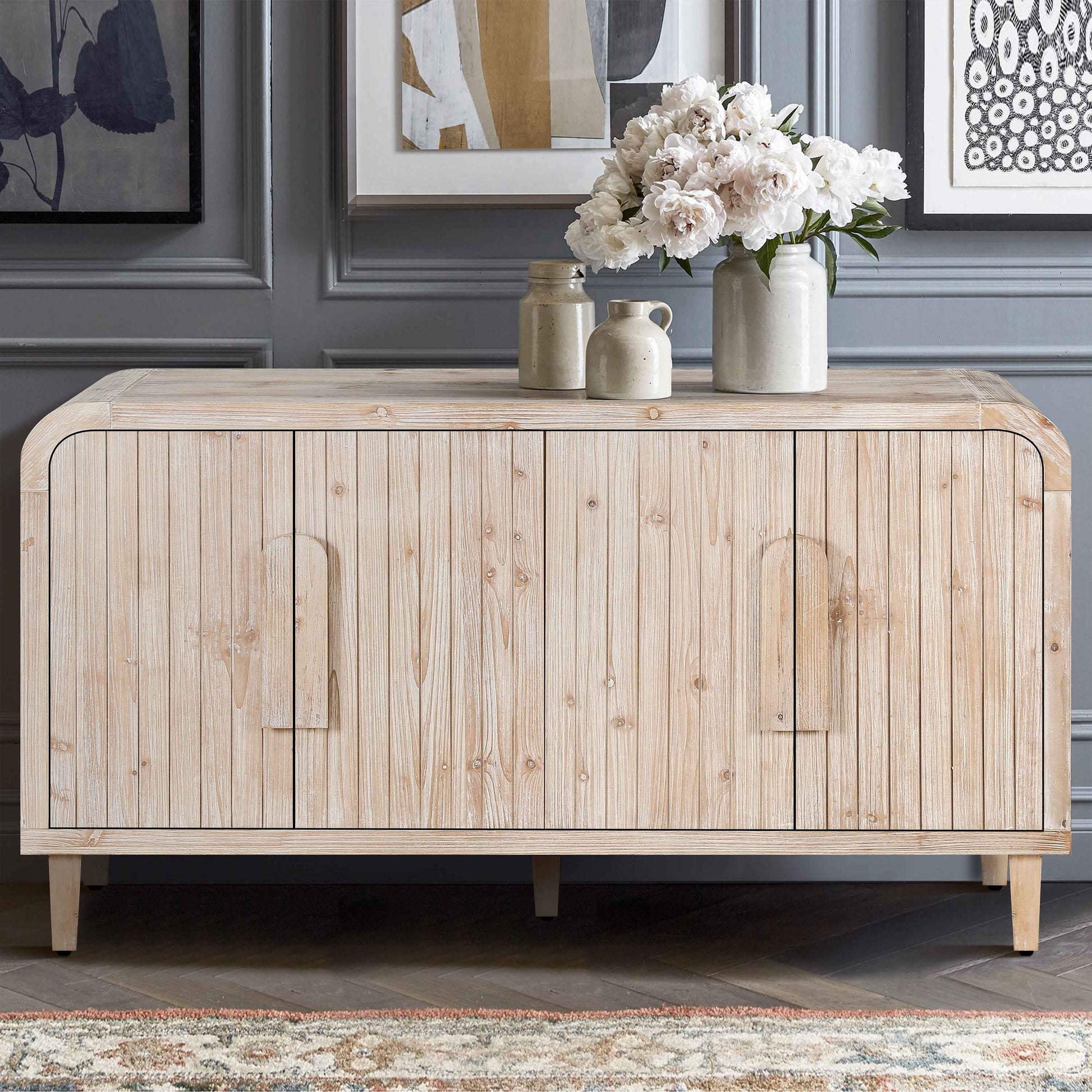 59'' Farmhouse Curved Vintage Storage Sideboard with Large Wooden Handles, Vertical Wood Grain Carving and Adjustable Shelves for Kitchen,Dining Room (Natural Wood Washed)