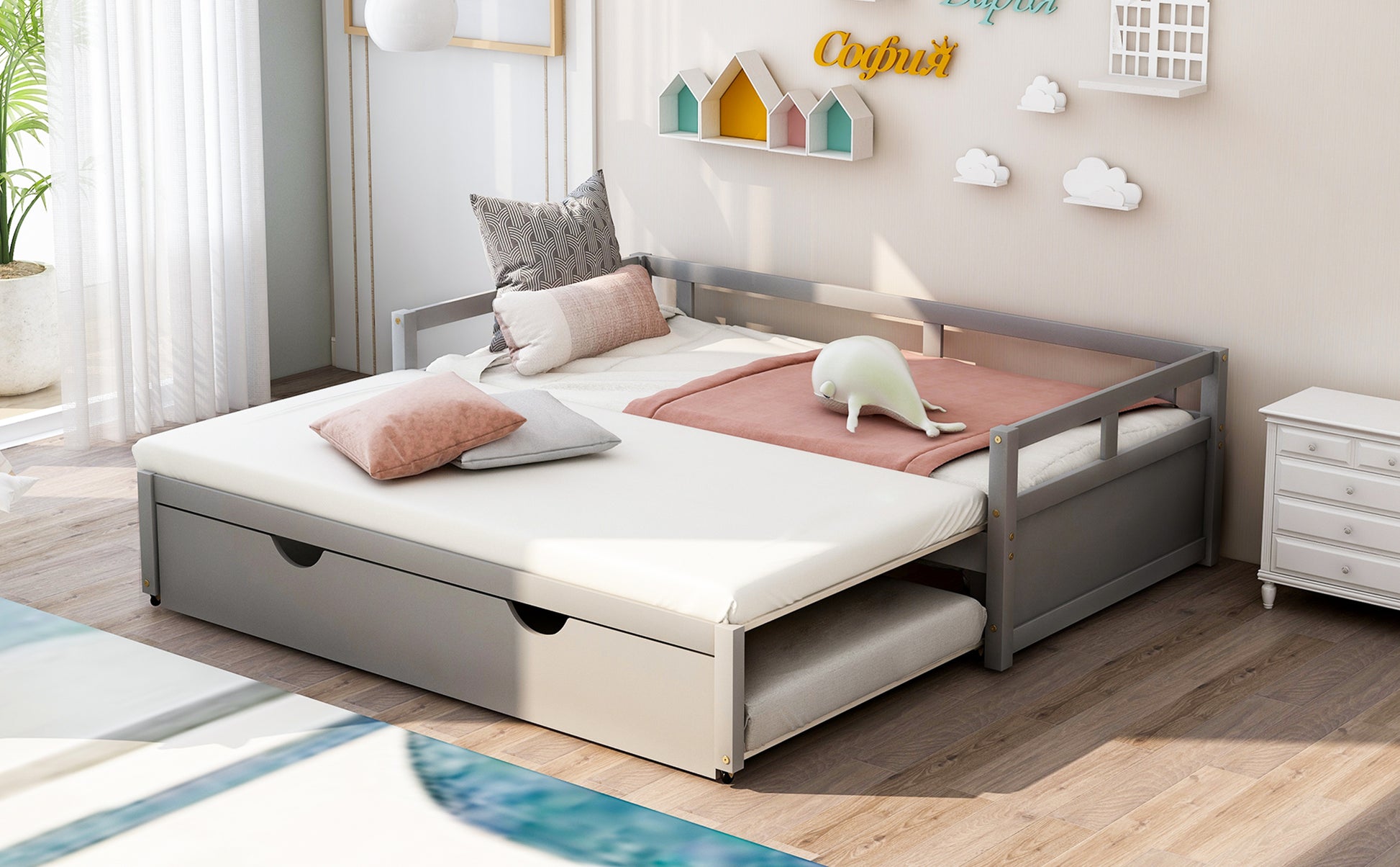 Extending Daybed with Trundle, Wooden Daybed with Trundle, Gray - Abrihome