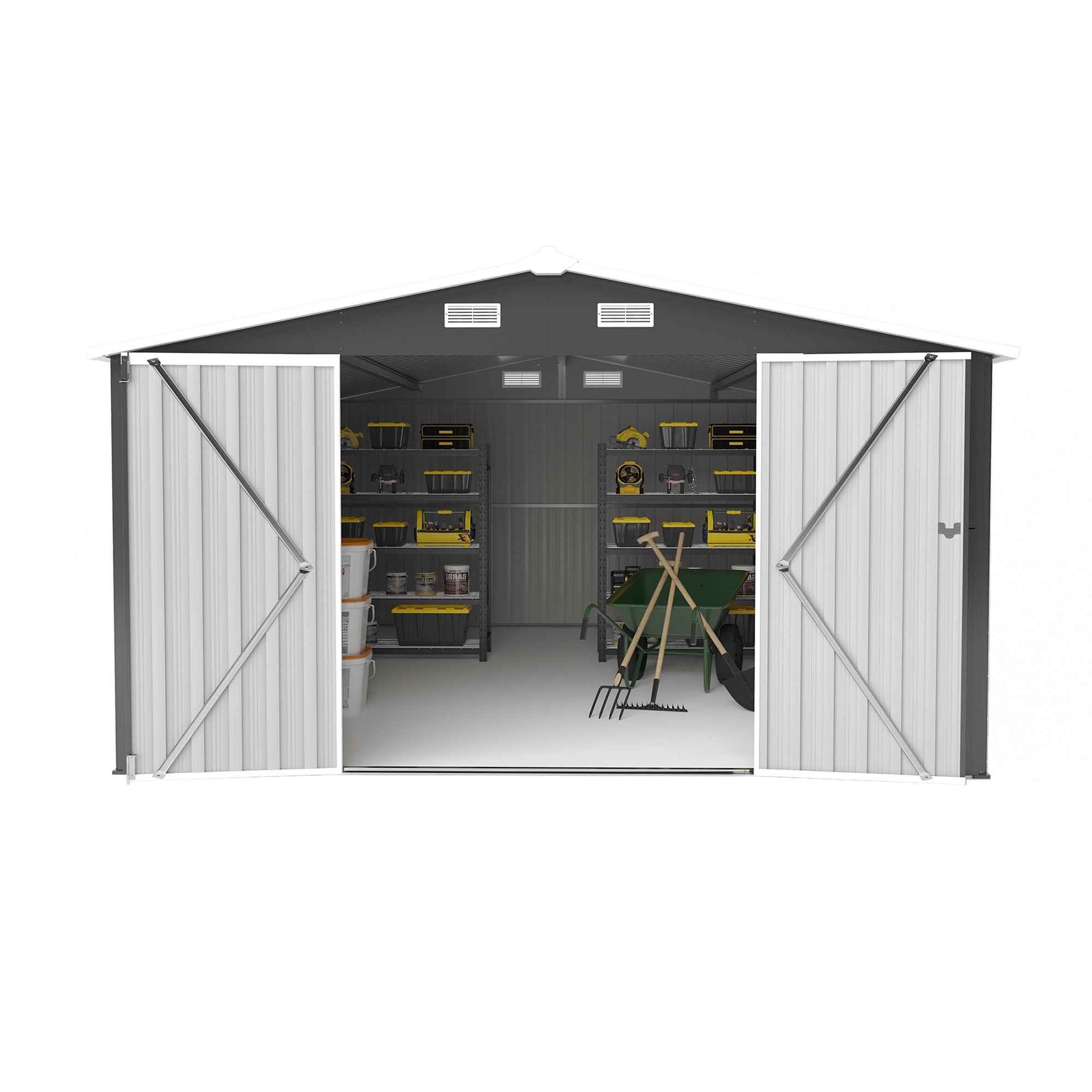 Campcraft  Outdoor Storage Shed 10×14 FT with 3 Lockable Doors,4 Air Vents & Sloped Roof,Utility Tool Shed Metal Storage Garden Sheds  Frame and 4 Vents,for Backyard,Patio,Lawn,dark Grey
