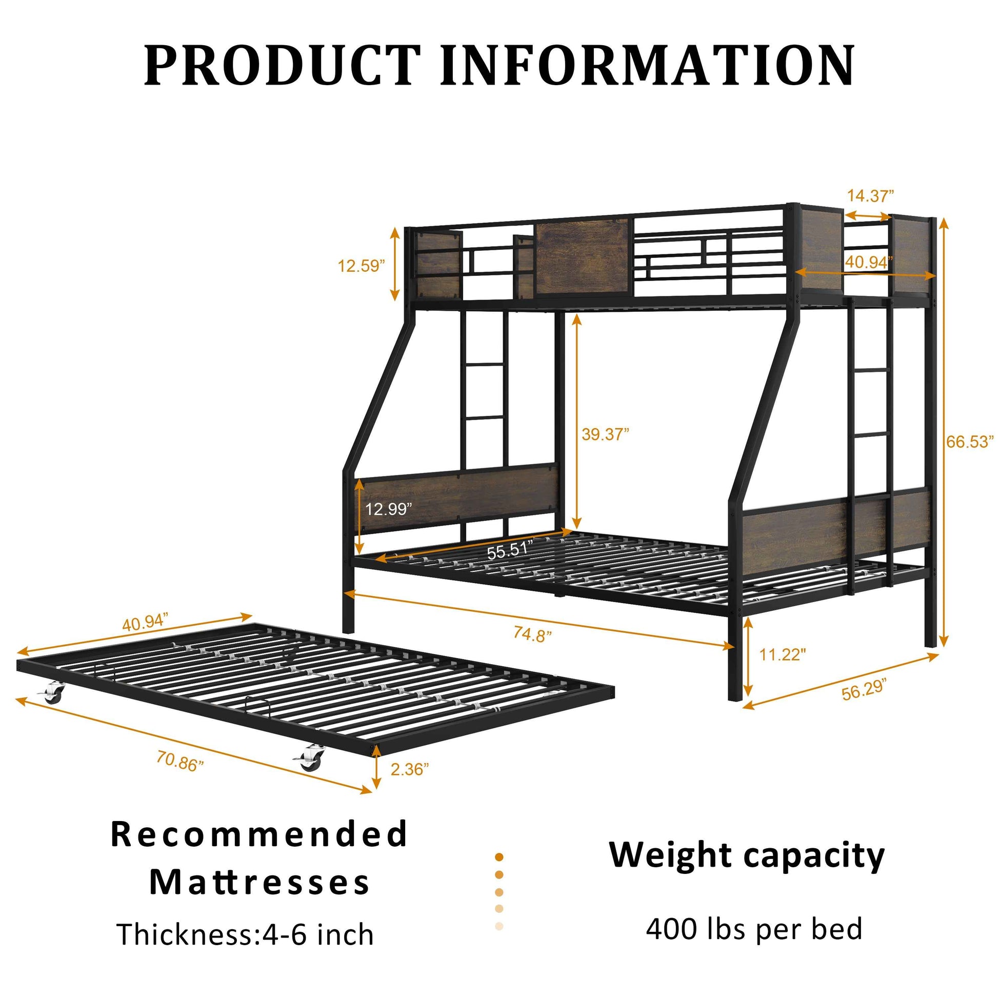 Twin Over Full Bunk Beds with Trundle, Metal Bunk Bed Frame with Safety Guardrail and 2 Ladder for Kids,Sturdy Metal Frame and Protective Board Supports, No Box Spring Needed, Easy Assembly