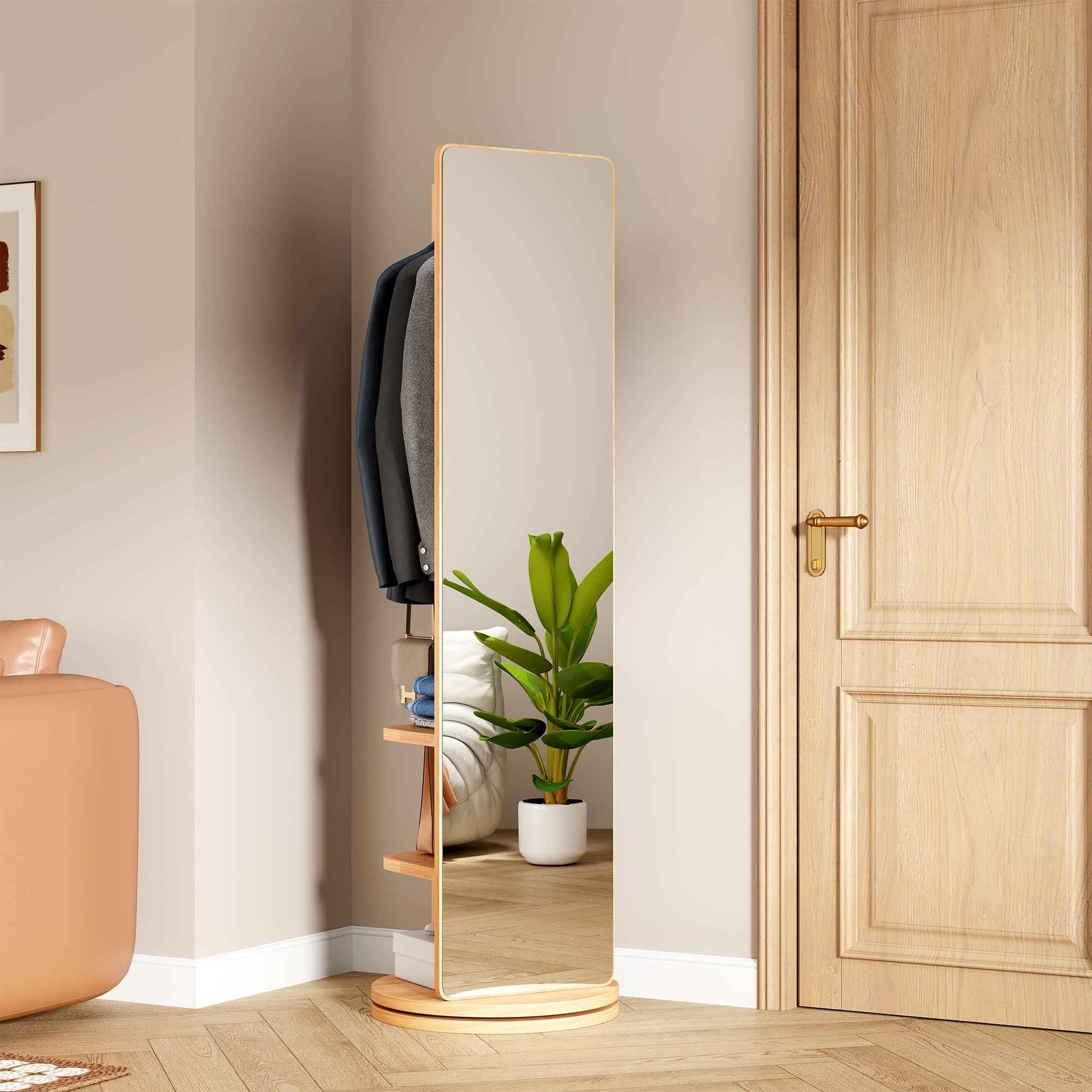 360° Rotating 69'x20' Multifunctional Full Length Mirror with Hook Storage Rack Coat Rack with Mirror Solid Wood Floor Mirror Bedroom Living Room Cloakroom Space Saving (natural wood)