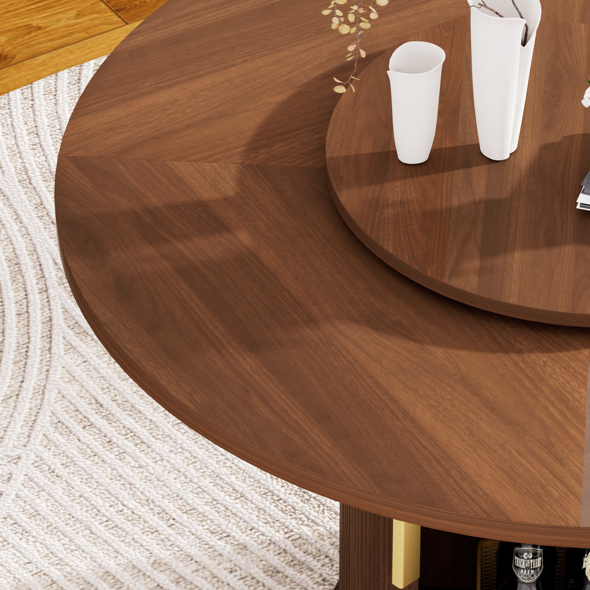 55-inch round dining table for six, featuring a double-tiered storage rack and a rotating tabletop tray. Wooden wavy-striped sliding doors. Ideal for home dining room living room (Walnut).