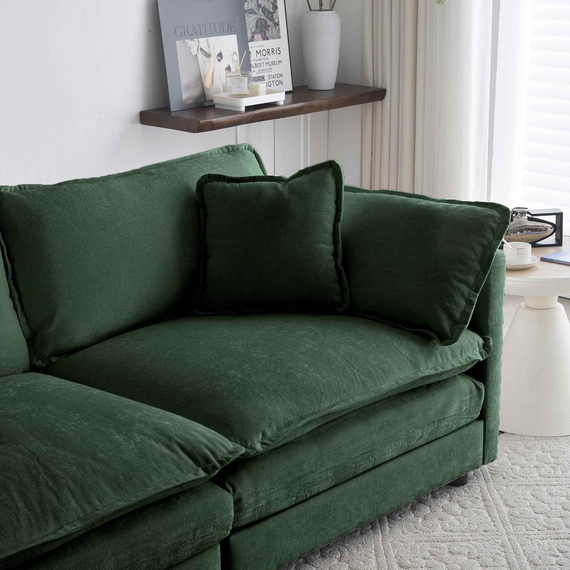 Chenille Two-Seater Sofa with 1 Footrest, 2 Seater L-Shaped Sectional with Ottoman,Loveseat with Ottoman for Small Living Space, Green Chenille