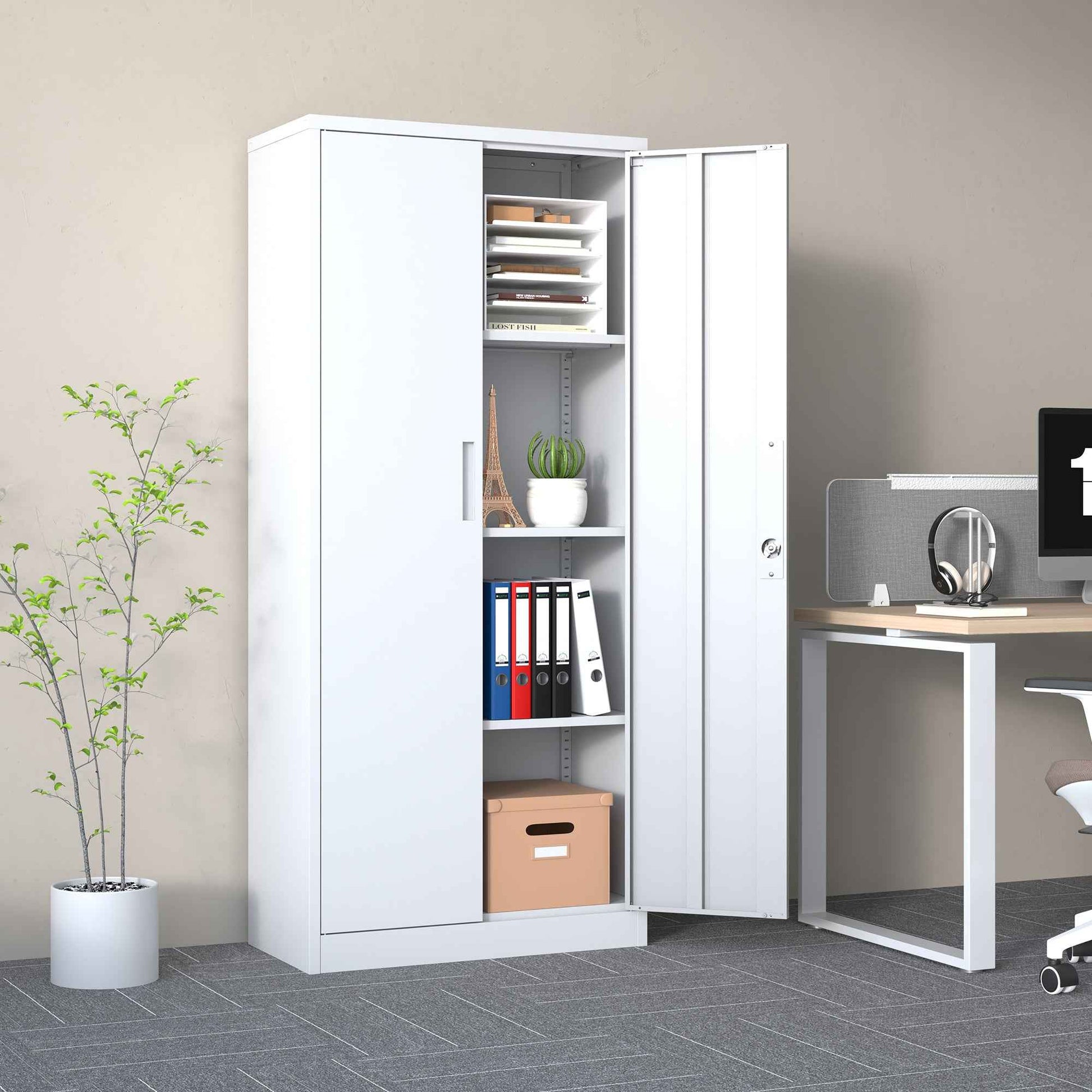 Heavy Duty Metal Garage Storage Cabinet, White Steel Locking Cabinet with Adjustable Shelves, 71'H