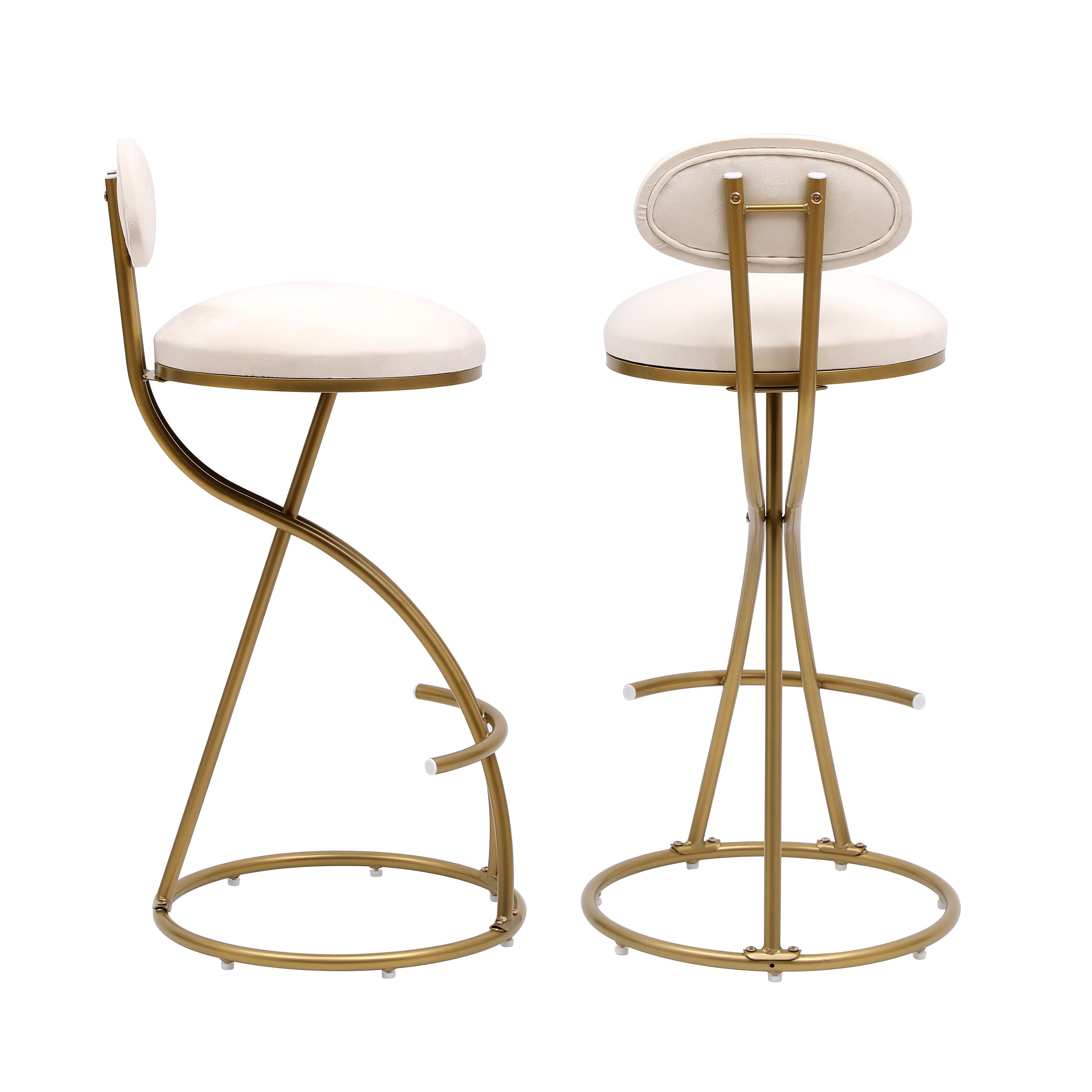 Round Bar Stool Armless Velvet Barstools with Back Set of 2 Upholstered Counter Chair for Dining Room, Kitchen Island (Gold & Creamy White)