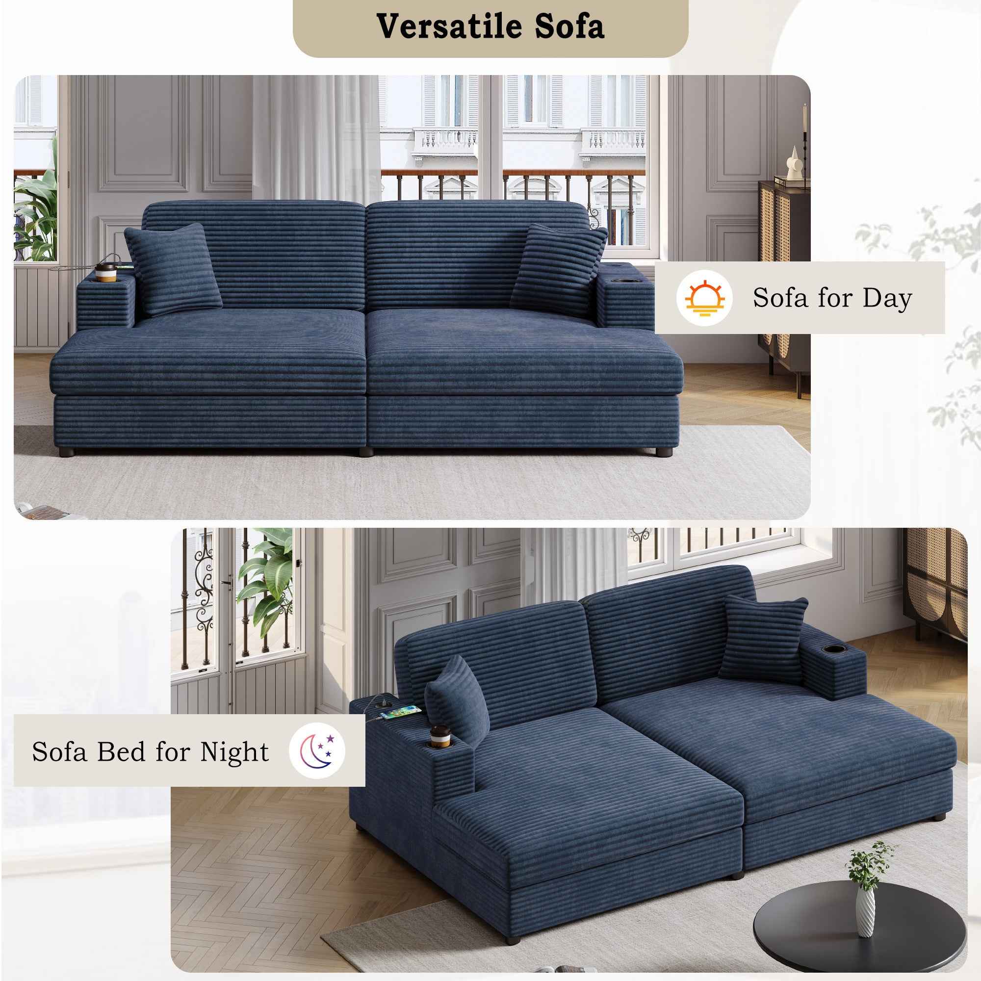 Oversized Loveseat Chaise Lounge Sectional Sofa Bed with USB Ports, Cup Holders, and Throw Pillows, Blue Corduroy