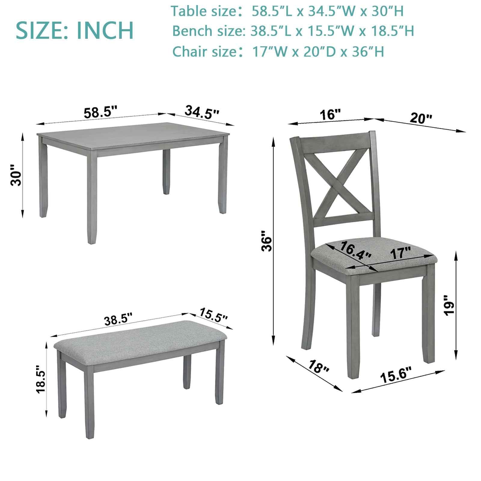 6PCs Kitchen Dining Set, Rectangular Wooden Dining Table with 4 Upholstered Chairs and a Bench, Dining Table Set for 6 People, Living Room, Home Bar and Kitchen, Gray