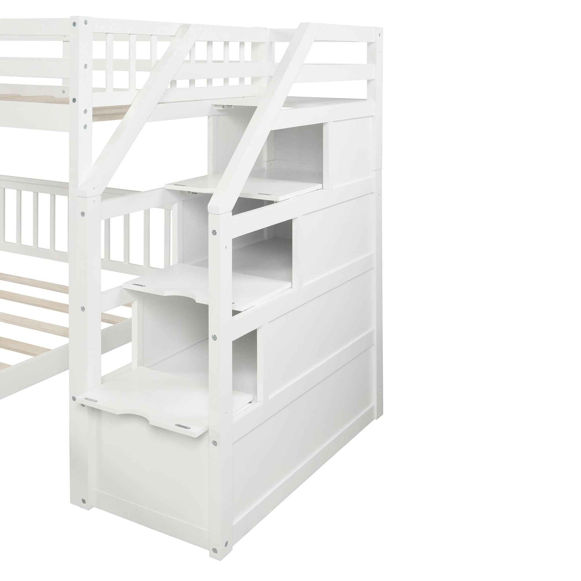 White Twin over Full Loft Bed with Staircase and Storage, Pine Wood + MDF, 97.2''L x 78.4''W x 61.4''H