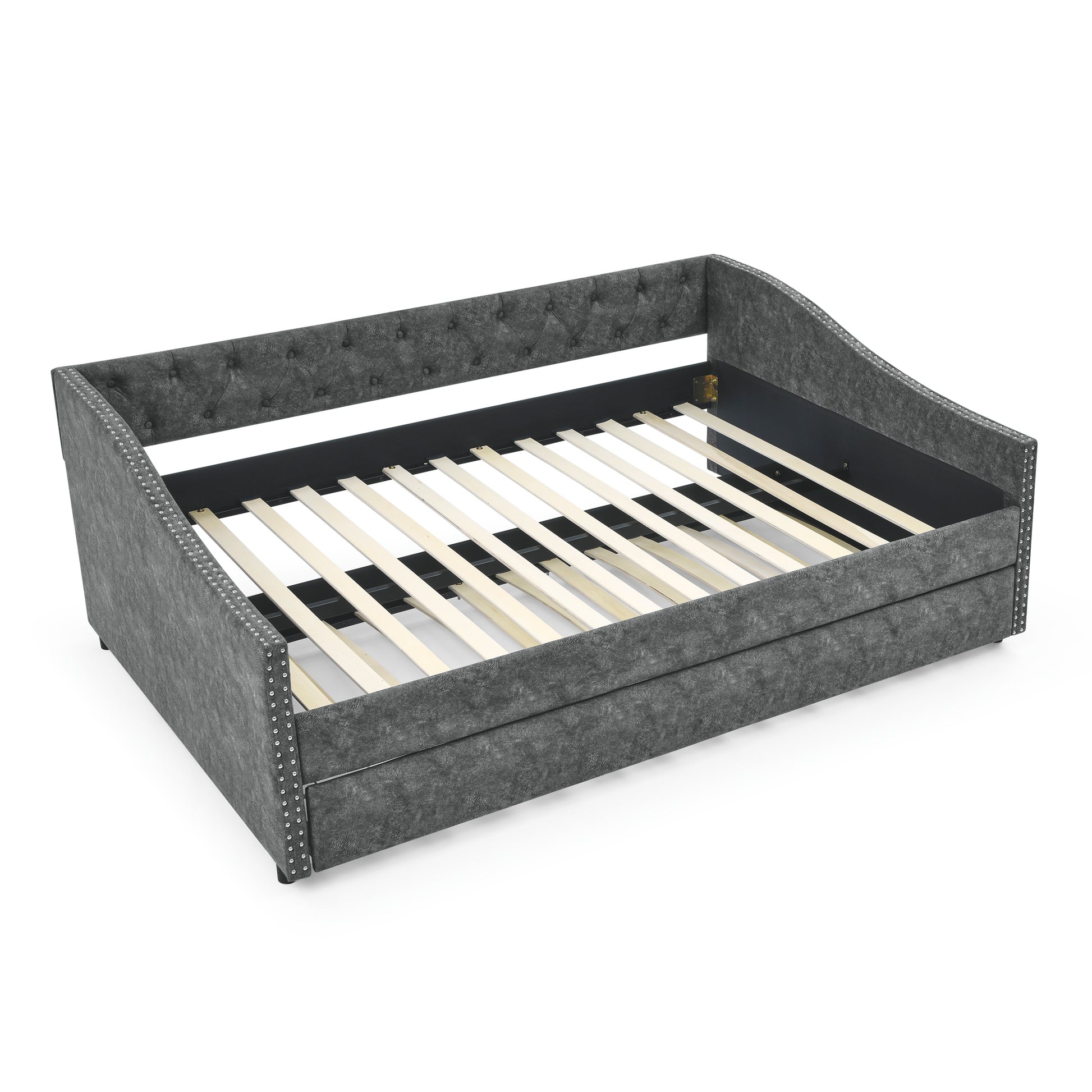 Full Size Daybed with Twin Size Trundle Upholstered Tufted Sofa Bed, with Button on Back and Copper Nail on Waved Shape Arms,Grey (80.5"x55.5"x27.5") - Abrihome