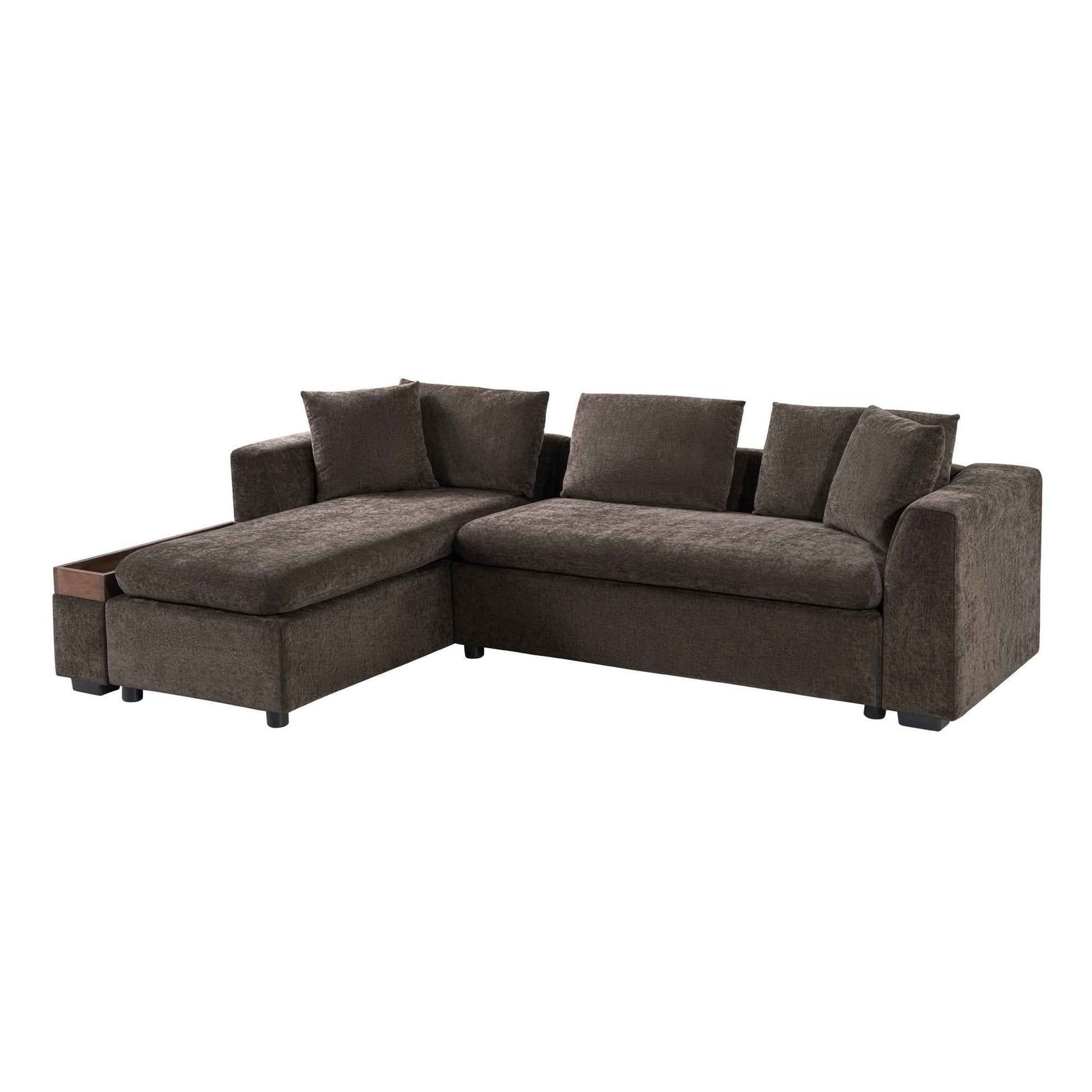 Elegant L-Shaped Sectional Sofa with Chenille Upholstery and Wooden Storage Compartment, Brown