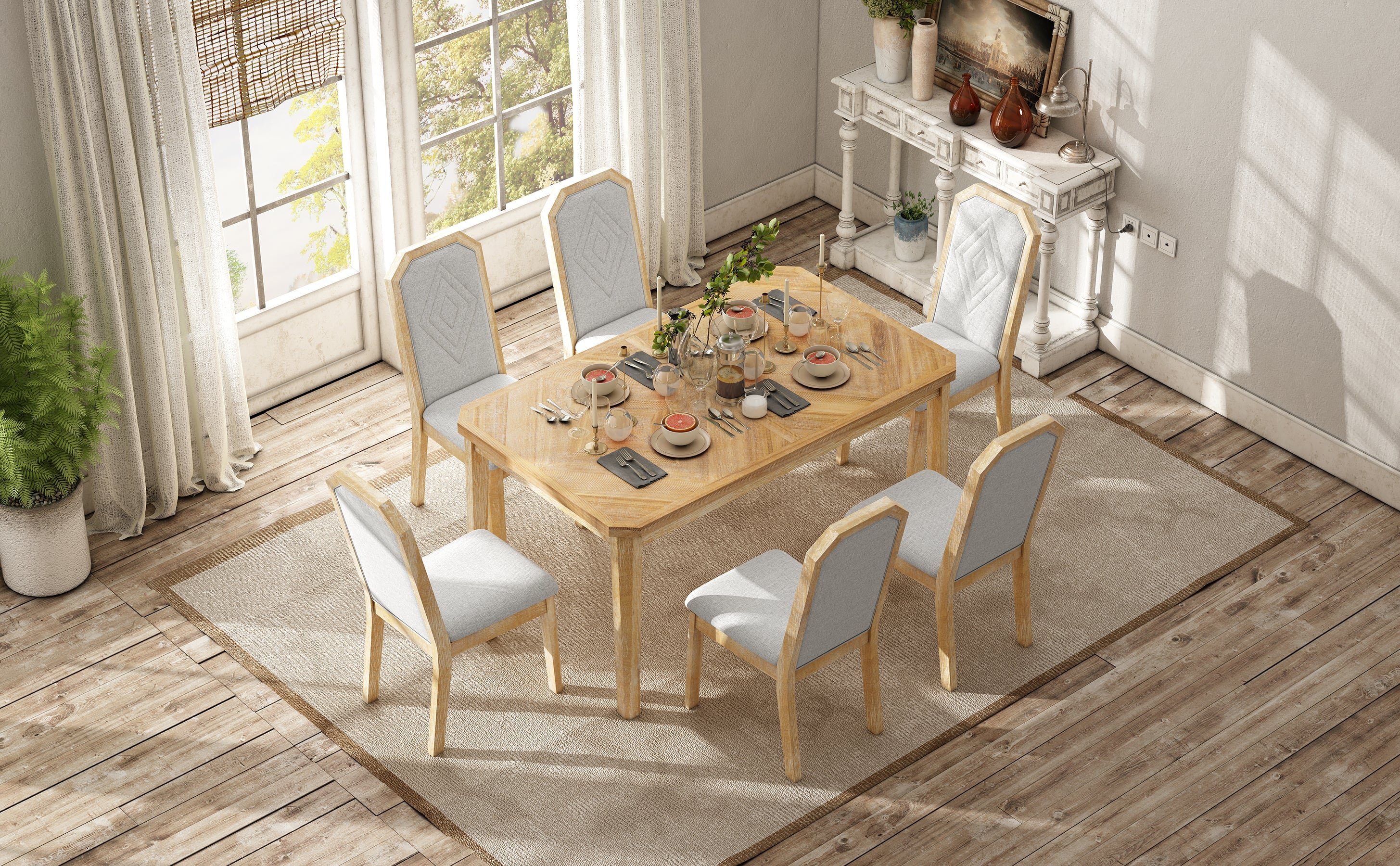 TREXM 7-Piece Farmhouse Dining Set Classic Rustic Table and 6 high-back design Chairs for Dining Room, Kitchen (Natural Wood Wash)