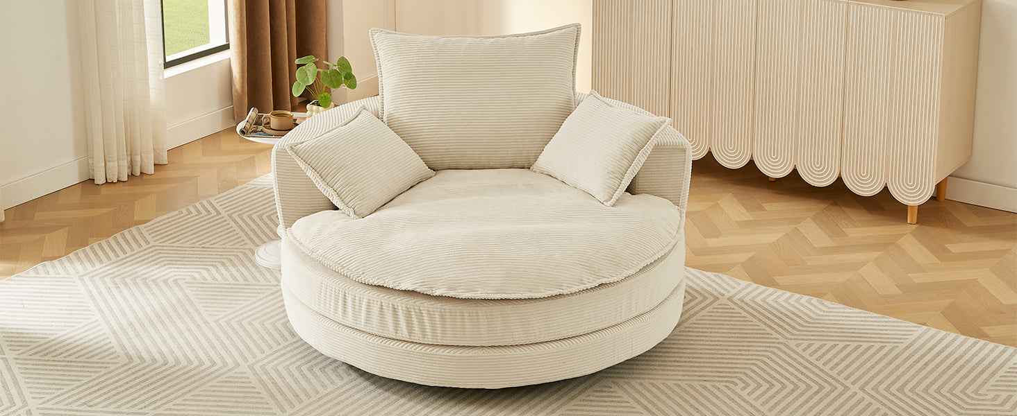 Accent Barrel Chair 360° Swivel Sofa Chair with Dual-layer Cushion and 3 Removable Pillows, Beige Corduroy, 57.5'