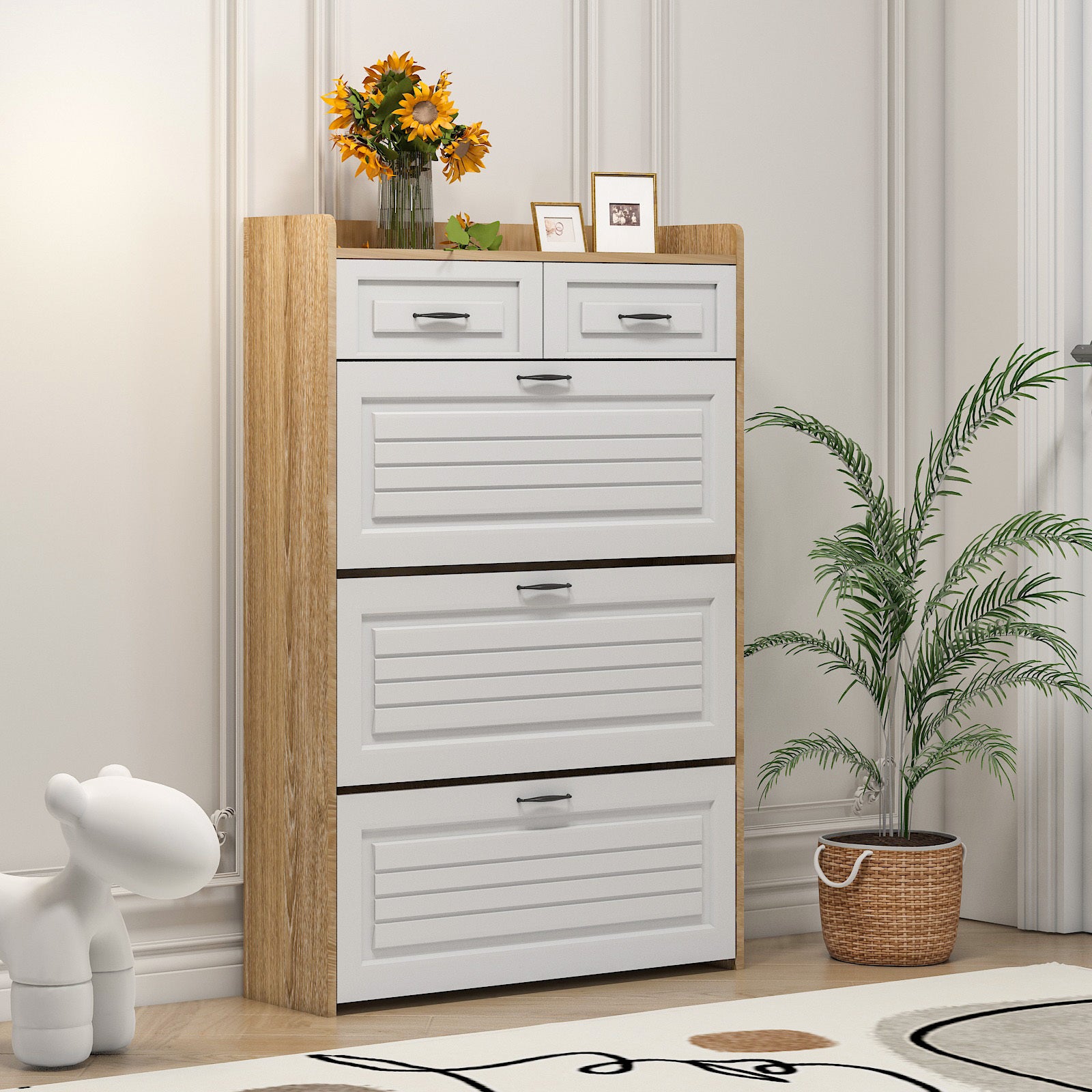 1250 White +Oak Color shoe cabinet  with 3 doors 2 drawers,large space for storage - Abrihome