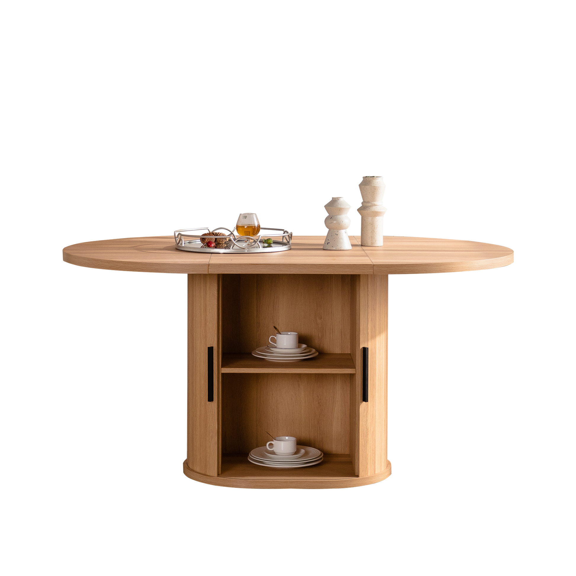59 Inch Oval Dining Table for 4-6 Oval Table Kitchen Modern Oval Dining Room Table with 2-Layer Storage Shelf and Wood Slide Door Oval Kitchen Tables for Dining Room