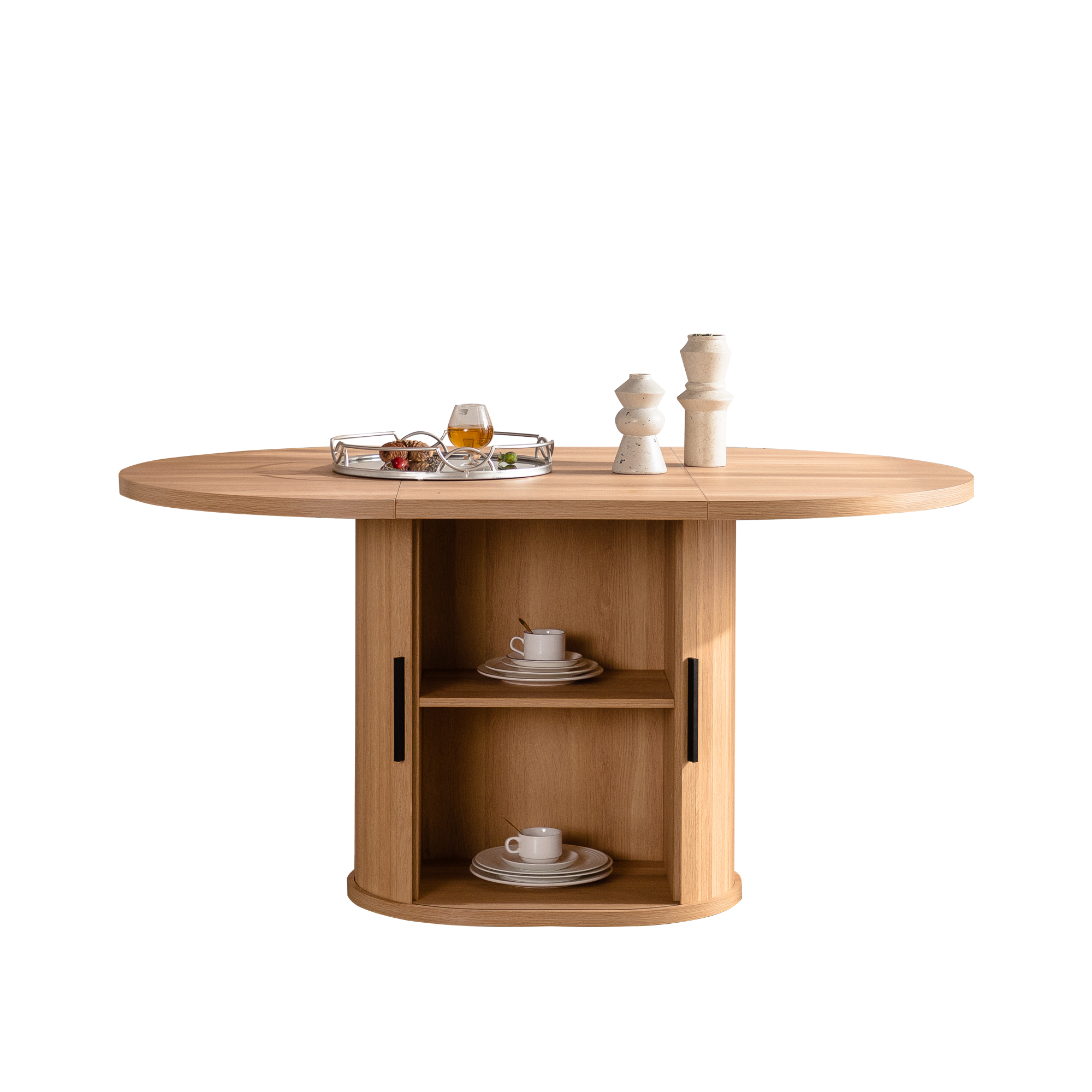 59 Inch Oval Dining Table for 4-6 Oval Table Kitchen Modern Oval Dining Room Table with 2-Layer Storage Shelf and Wood Slide Door Oval Kitchen Tables for Dining Room