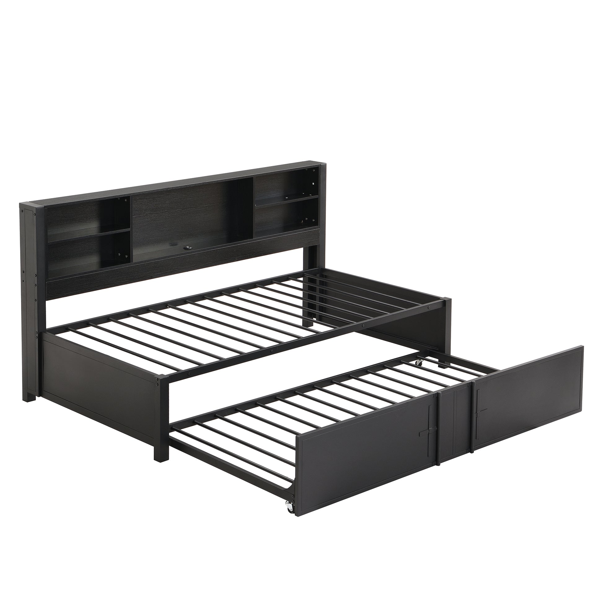 Metal Twin Size Daybed with Twin Size Trundle, Storage Shelves and USB Ports, Black - Abrihome