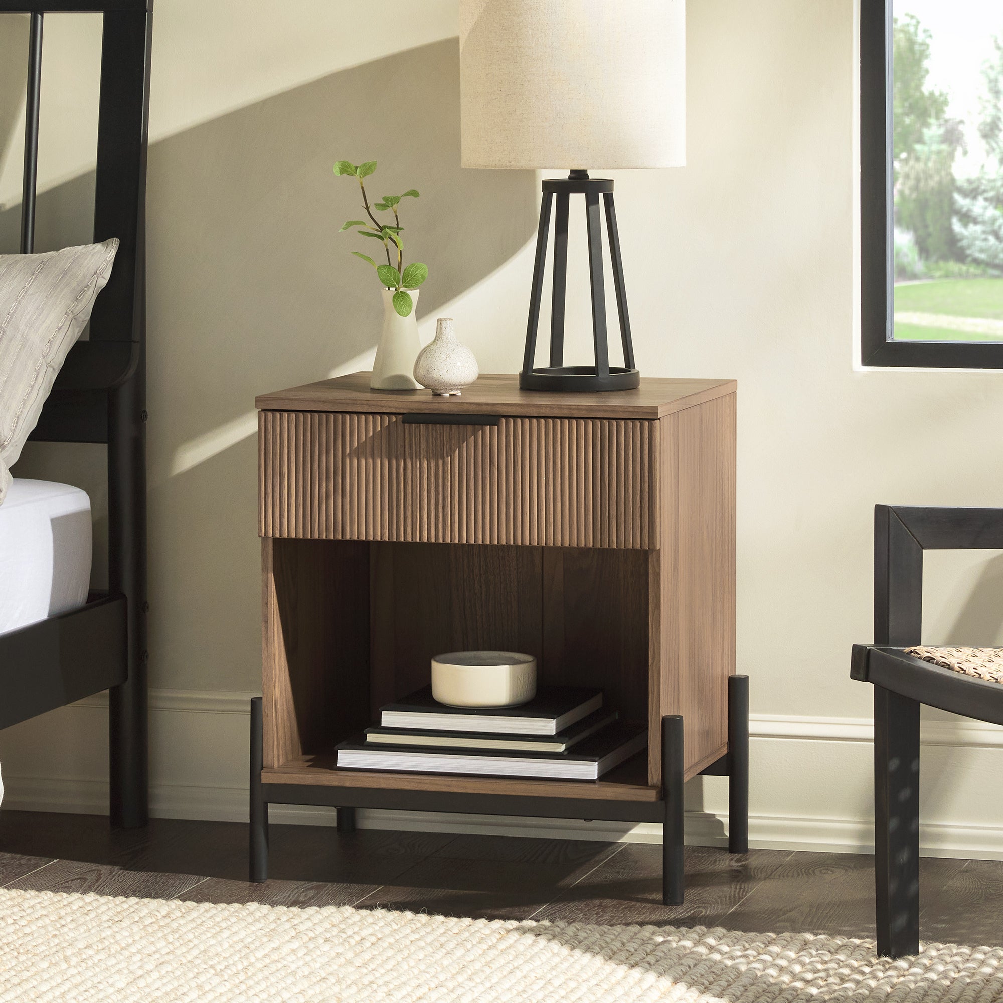 Modern Fluted-Drawer Nightstand with Open Cubby – Mocha